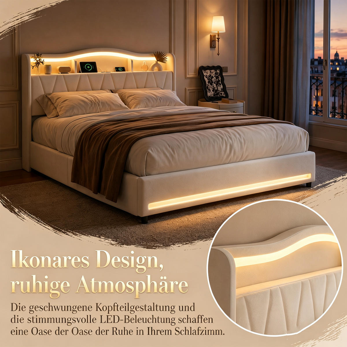 POLSTERBETT 160x200 mit stauraum, doppelbett mit LED, 4 Schubladen, Lattenrost, USB, Kopfteil, Samtstoff, Beige - Beige, Holz/Textil (160/200cm) - GENKI LIVING