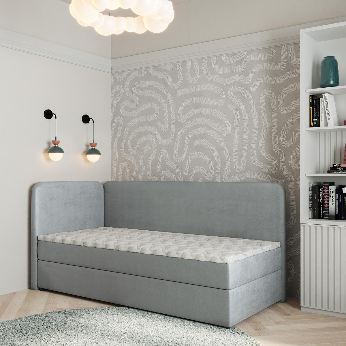 BOXBETT GINA 100x200 cm mit Matratze und Topper, H2+H3 - Hellgrau - Hellgrau, Holz (100/200cm) - MASSENO