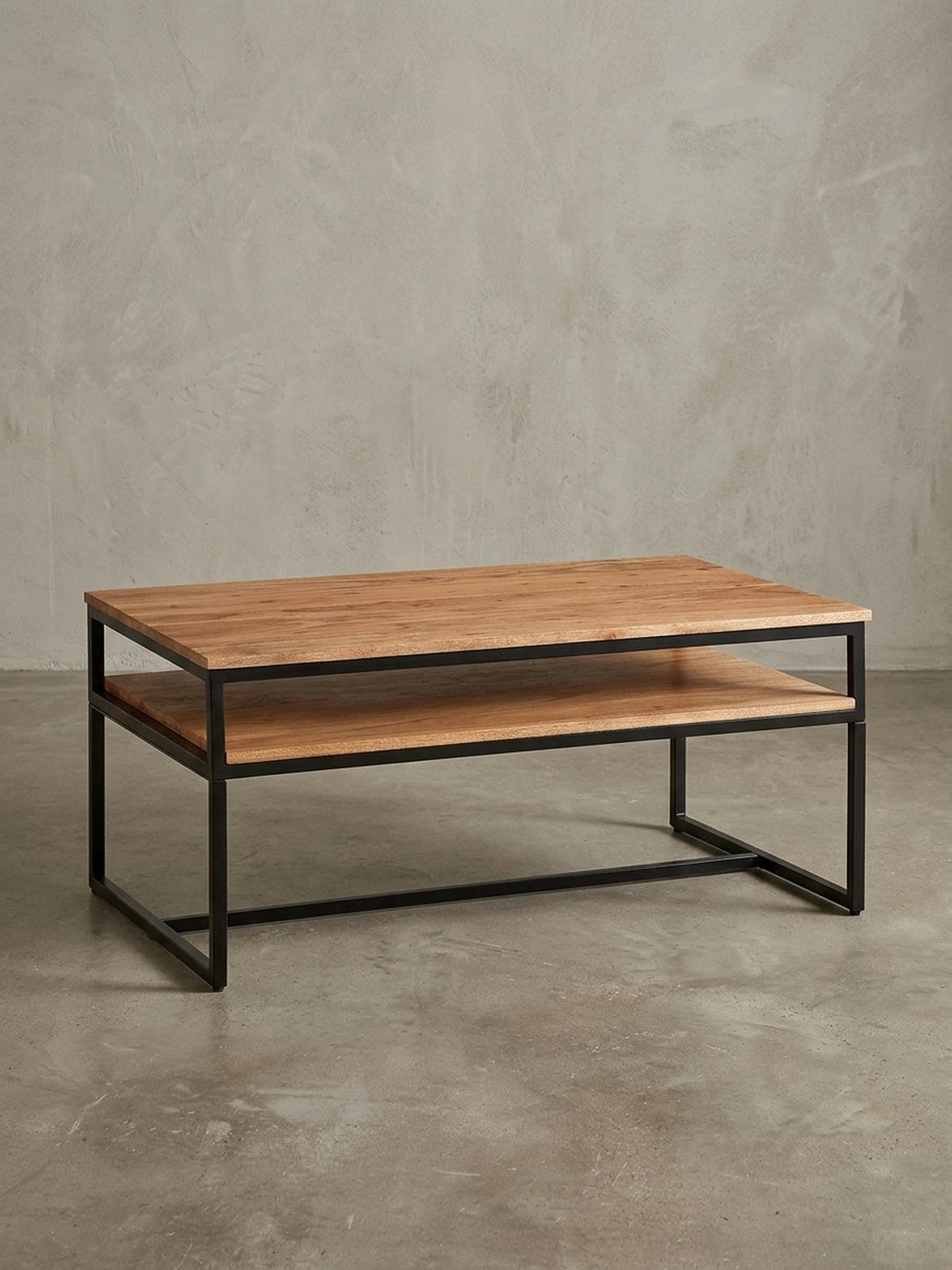 COUCHTISCH Industrial Vintage, Akazienholz und Eisen, 2 Ablagen, Belastbarkeit 15 kg - Beige/Schwarz, Holz/Metall (60/100/45cm) - KADIMA DESIGN