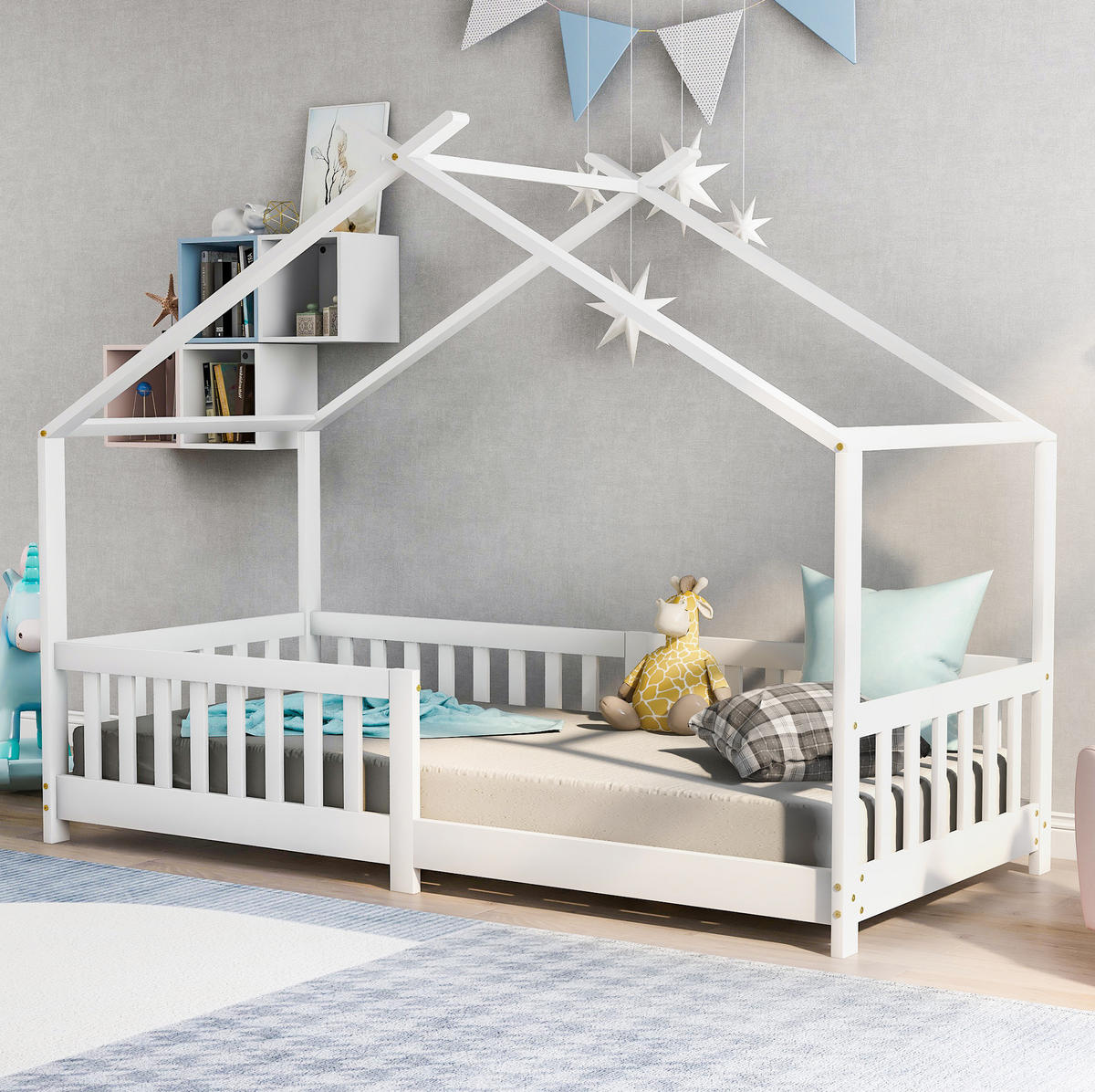HAUSBETT Kinderbett 90/200 cm, Weiß mit Rausfallschutz und Stauraum - Weiß, Holz (90/200cm) - MIVRAY