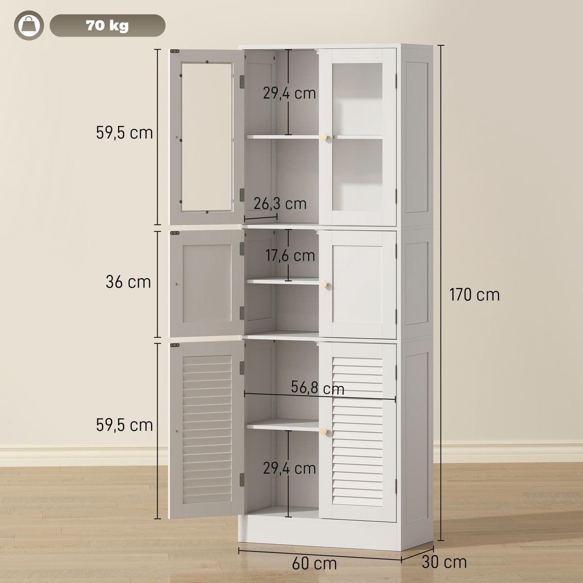 HOCHSCHRANK DE-12547 mit 6 Türen Weiß - Weiß, Holzwerkstoff (30/170/60cm) - ComfortXL