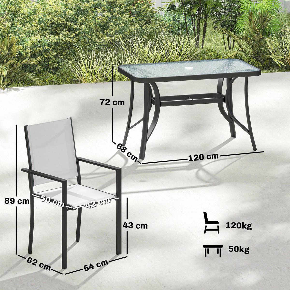 GARTEN-SET 5-teilig,4 stapelbare Stühle+Glastisch mit Schirmloch,hellgrau - Grau, Metall - Vallsero