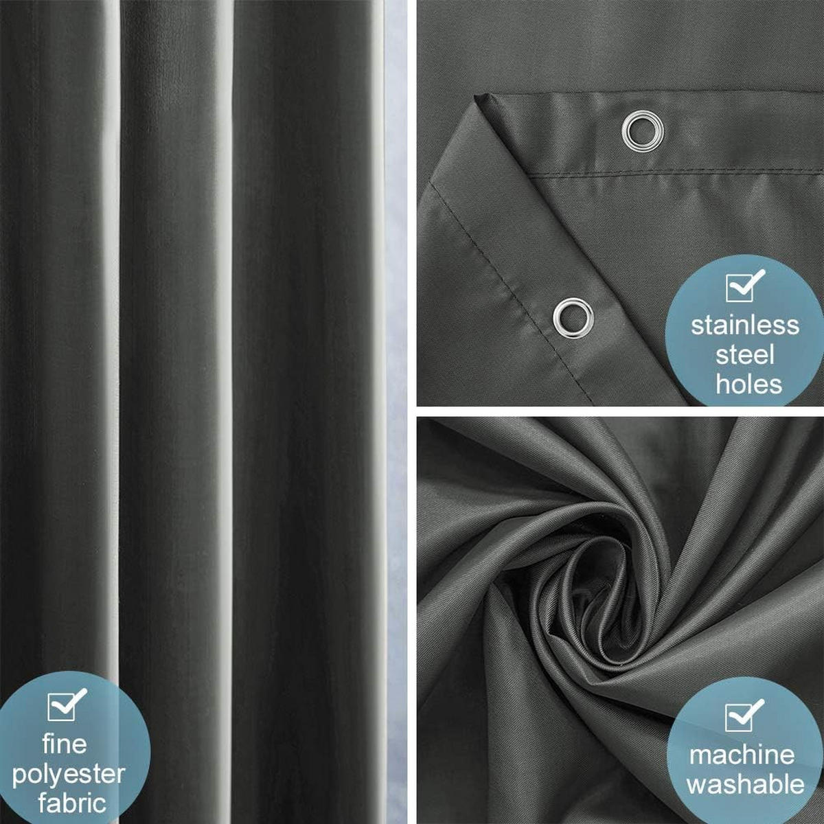 DUSCHVORHANG Grau 220 x 200 cm Stoff Polyester schimmelresistent wasserdicht lang mit Haken - Grau, Textil (220/200cm) - MCBOSON