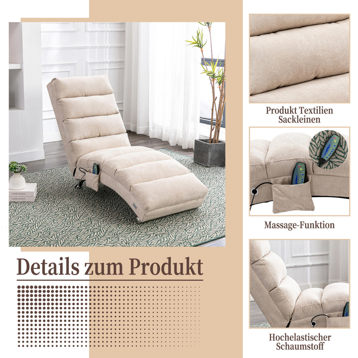 MASSAGELIEGE in Beige 55x148x84 cm mit Vibrationsfunktion und Seitentasche - Beige, Textil (148/84/55cm) - IVMEU