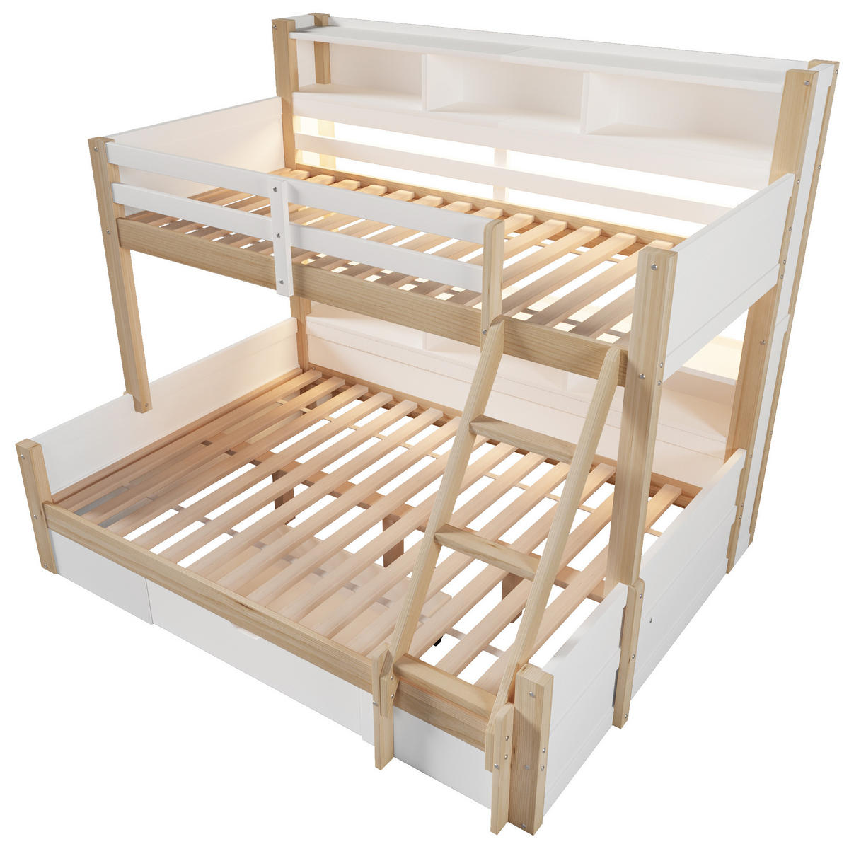 ETAGENBETT 90/200+140/200 cm in Weiß/Natur mit LED-Beleuchtung und Stauraum - Weiß, Holz (90/200cm) - OKMYHOME