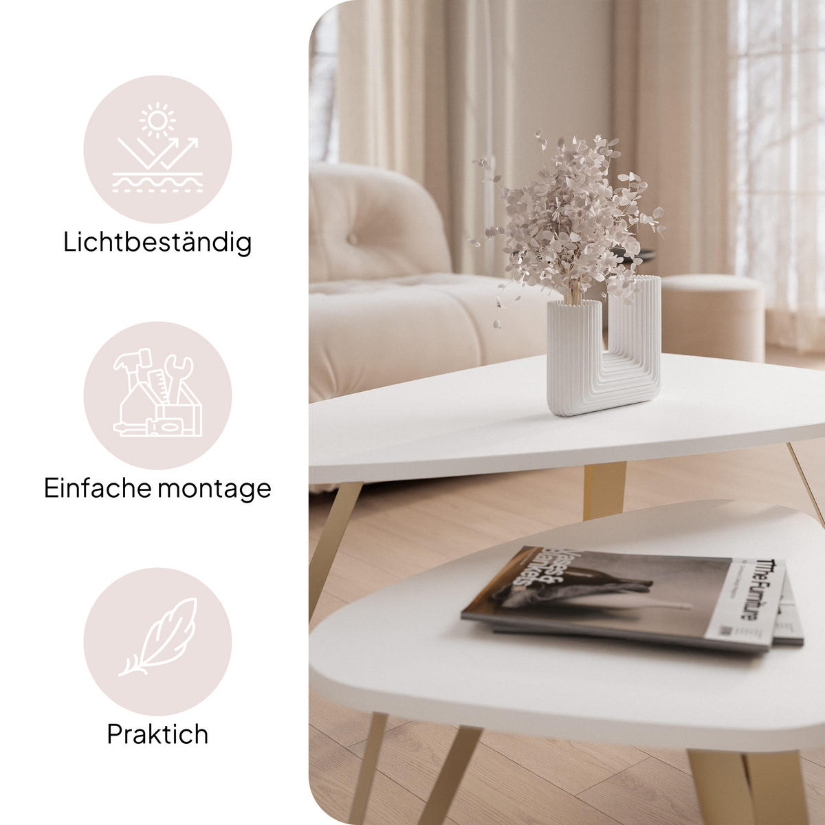 SATZTISCH NOA Stahlgestell, Freiform, Gold / Arktisweiß - Goldfarben/Weiß, Holzwerkstoff (94/60/42cm) - Idohome