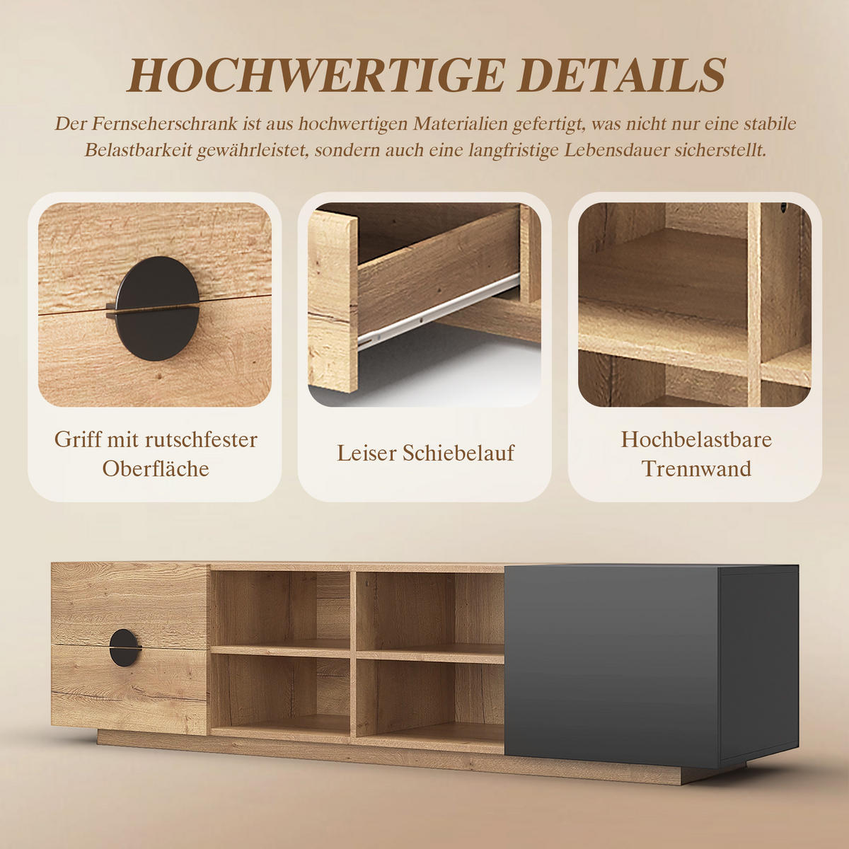 TV-SCHRANK 180 cm Holz & Schwarz mit Schublade, offenen Fächern und Schrank - Schwarz, Holzwerkstoff (180/47/38.5cm) - Urban Meuble