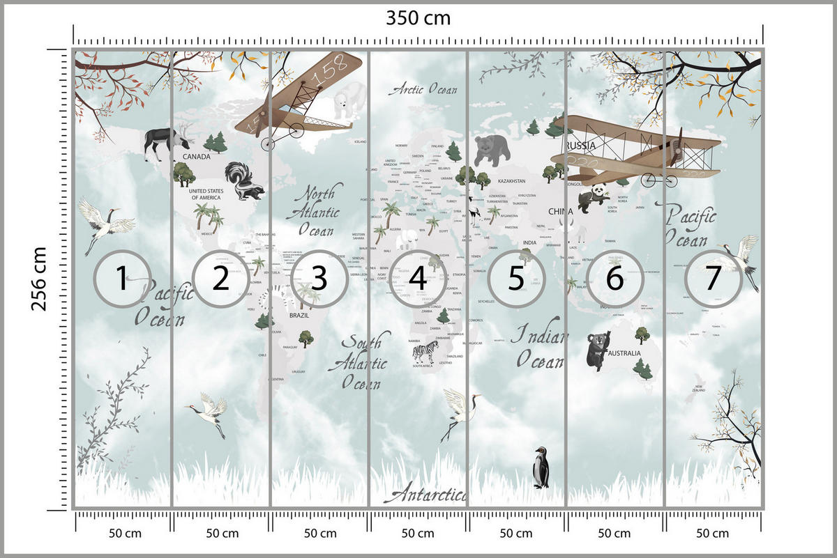 FOTOTAPETE für Kinderzimmer Weltkarte Tiere Flugzeuge Pflanzen 350x256 - Blau/Beige, Papier (350/256cm) - Muralo