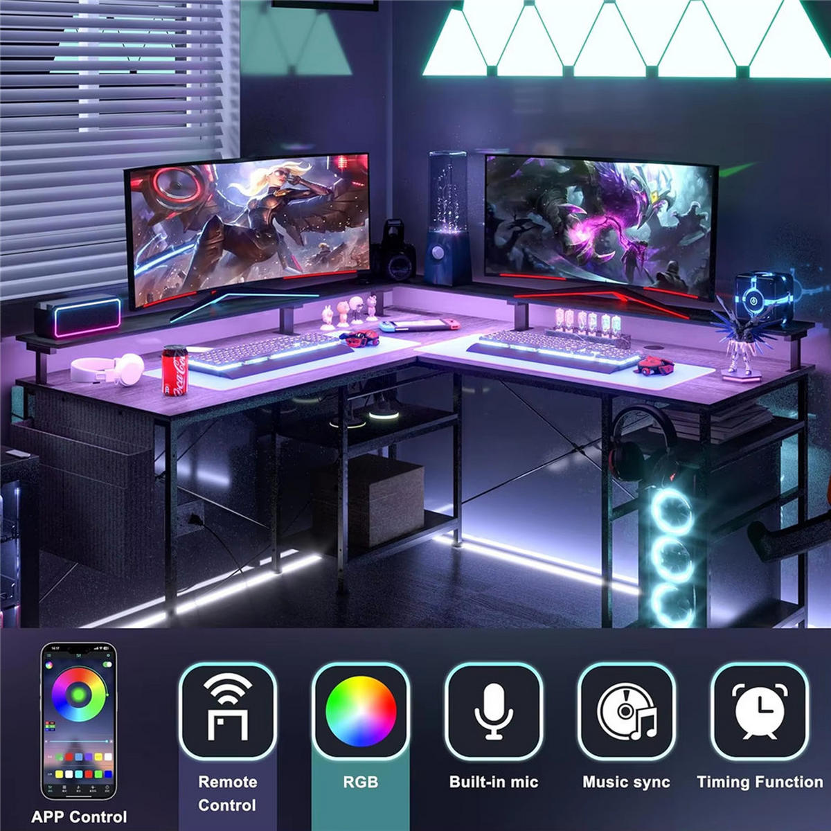 SCHREIBTISCH L-förmig mit Regal USB Steckdose RGB LED Grau - Grau, Holz (140/50/85cm) - Kaket
