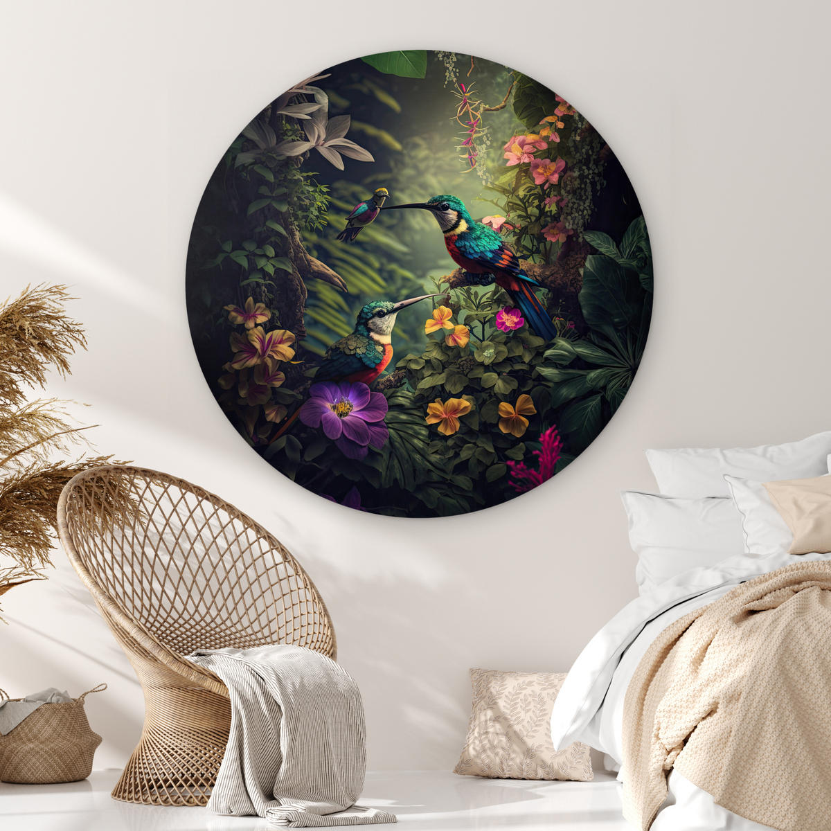 WANDBILD Blumen - Vogel - Dschungel - Pflanzen 140x140 cm - Petrol, Kunststoff (140/140cm) - MuchoWow