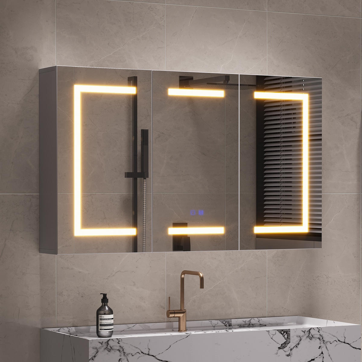 SPIEGELSCHRANK, Wandbadezimmerschrank mit LED-Spiegel, 60 x 100 cm, 3 Türen, integrierte Steckdose und USB-Anschlüsse - Weiß, Glas (60/100.4/13.5cm) - Waldena