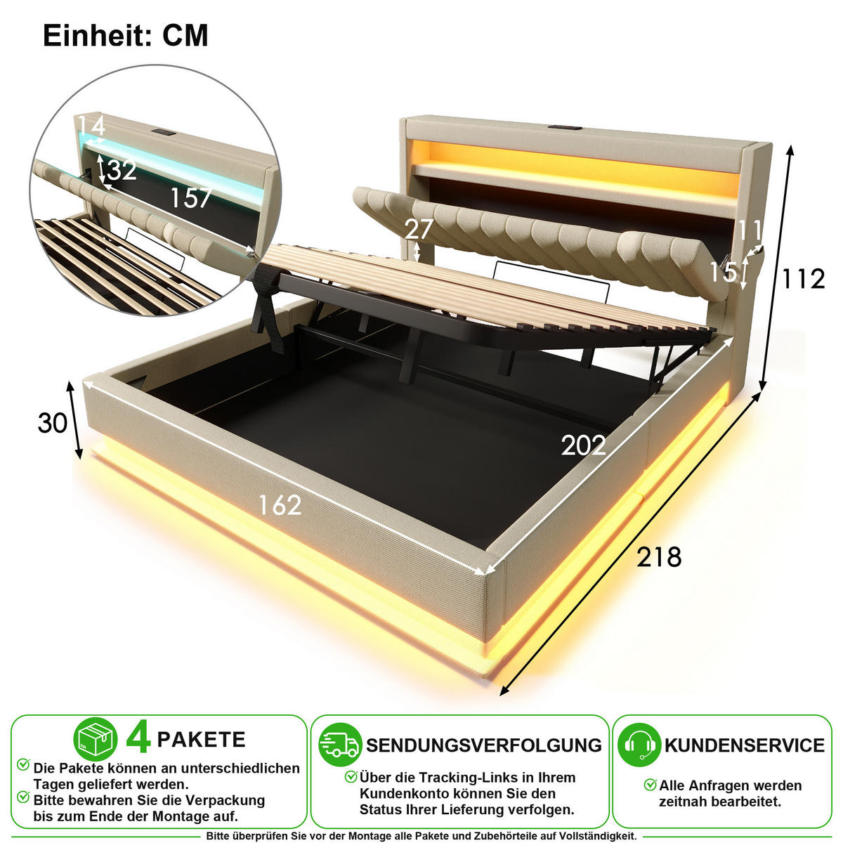 POLSTERBETT 160/200 cm in Beige Leinen mit Bettkasten, USB und Matratze - Beige, Holzwerkstoff/Textil (160/200cm) - CHICFURN