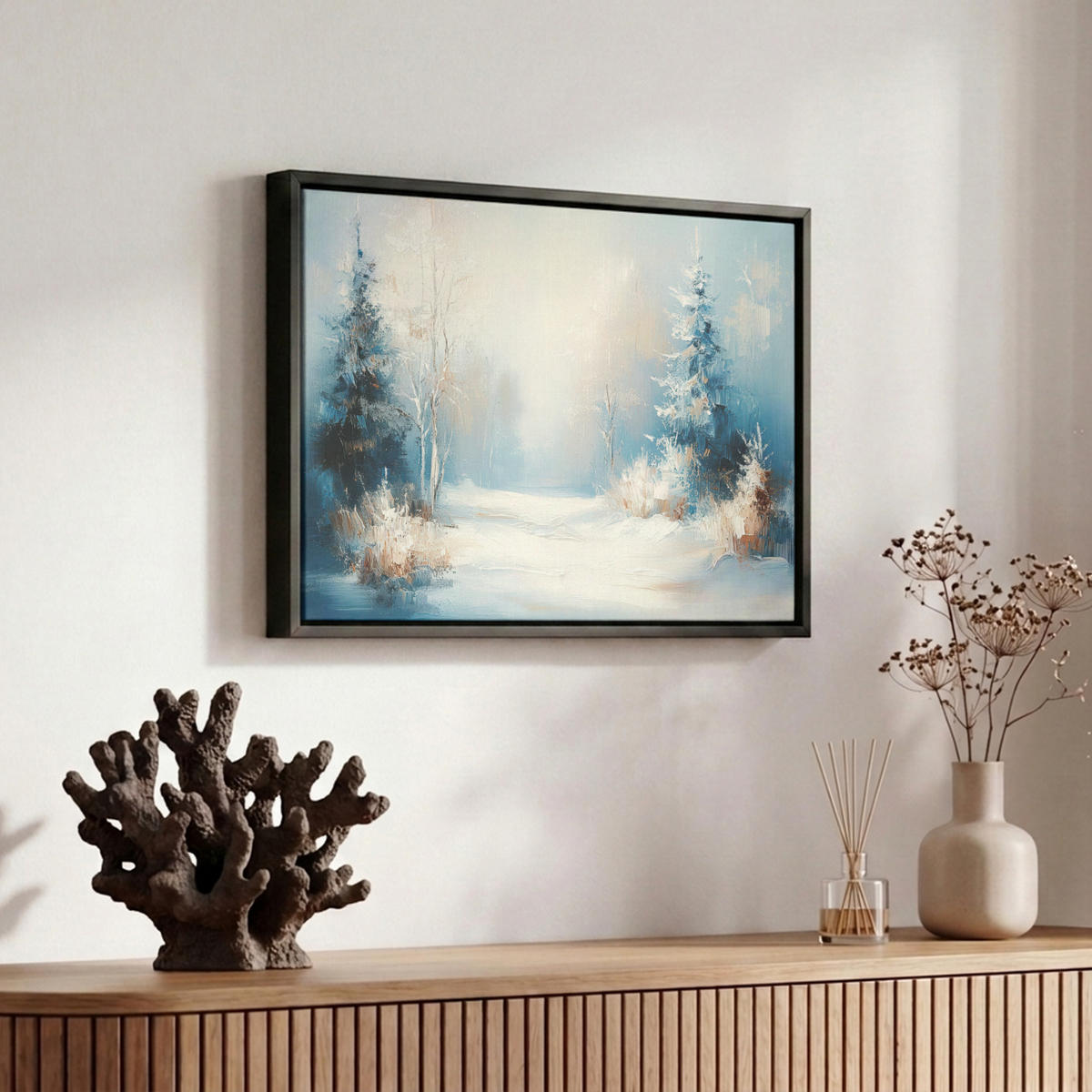 LEINWAND Bilder mit Rahmen - Wald – Winter – Natur – Abstrakt – Schnee - 30x20 - Weiß, Textil (30/20cm) - MuchoWow