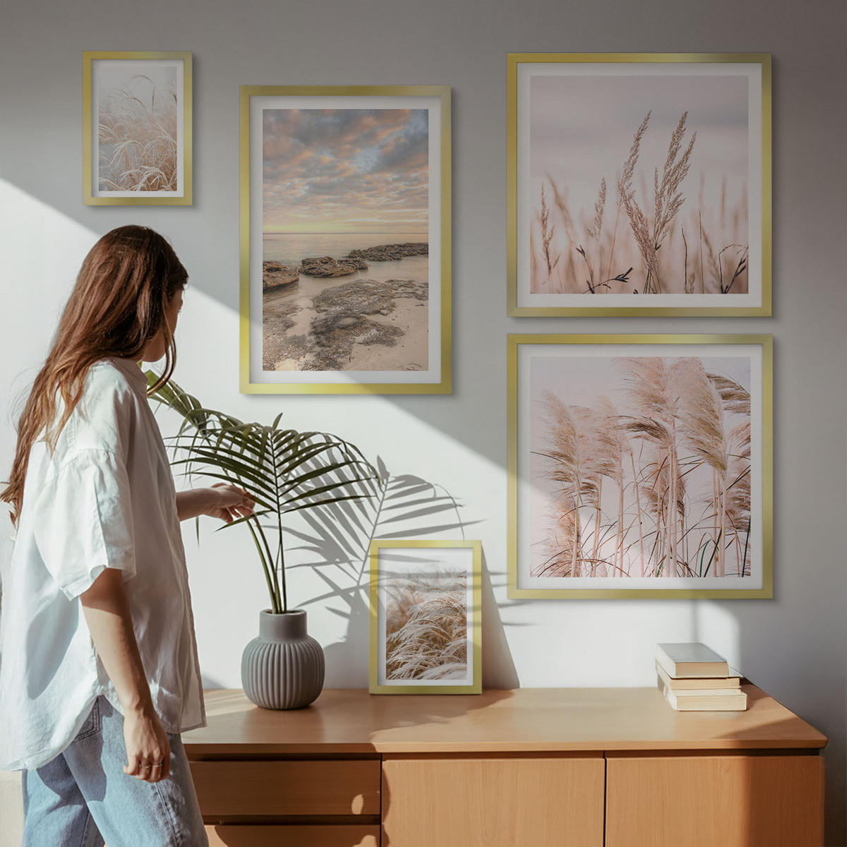 BILDER SET 5er Set - 50x50 cm & 20x30 cm & 40x60 cm Goldrahmen - Meerblick von Venedig - Goldfarben, Kunststoff (40/60cm) - TULUP