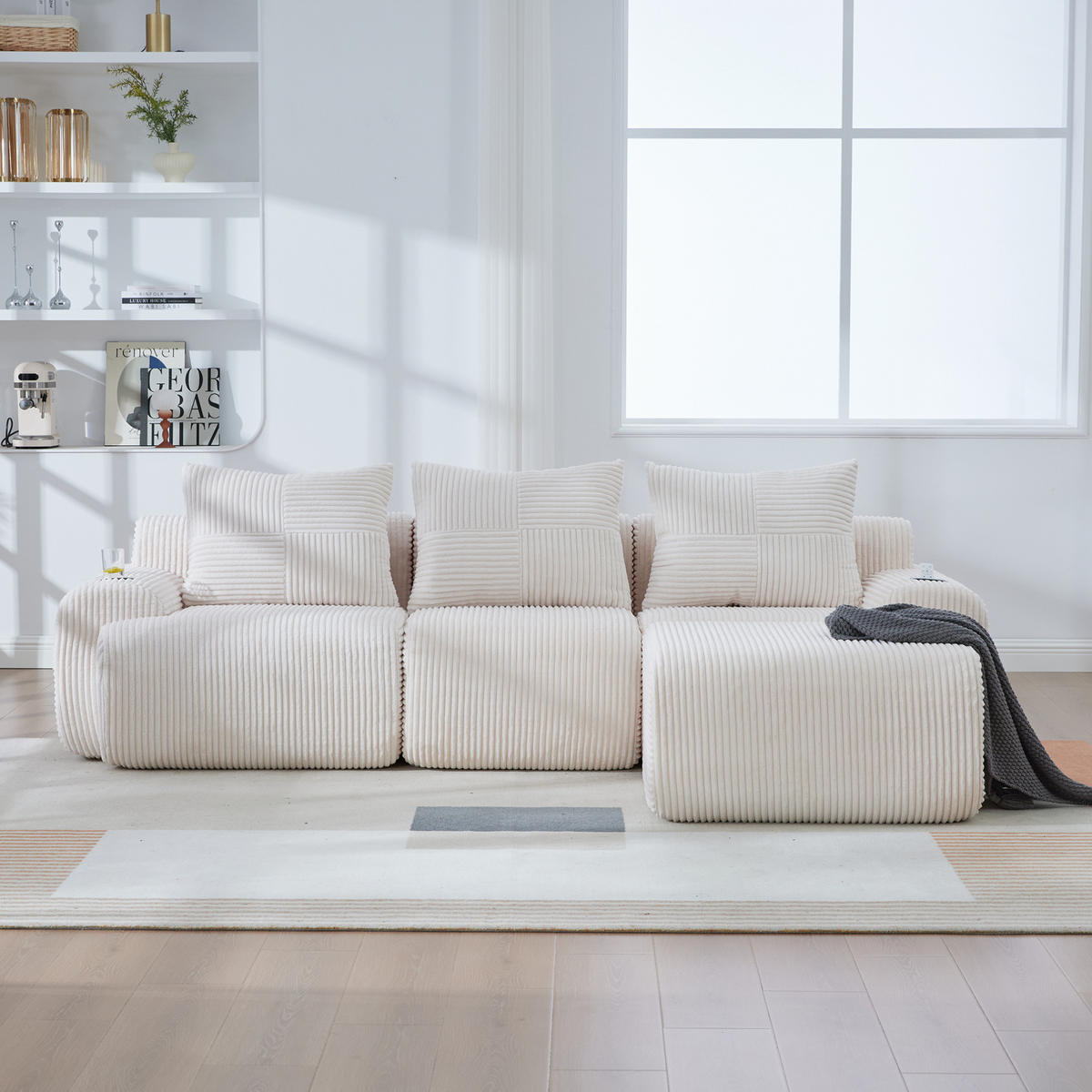 MODULARES 3-Sitzer Sofa Cordstoff mit Getränkehalter und Seitentasche 268/174/80 cm Beige - Beige, Textil (174/268cm) - Redom