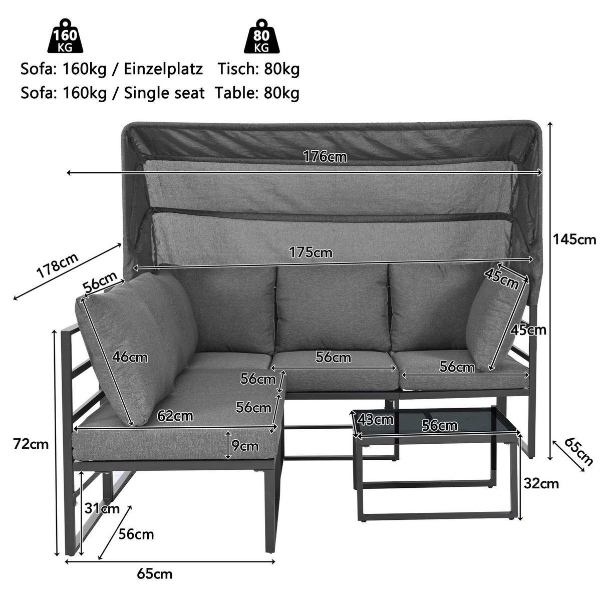 LOUNGESESSEL Set Iron Sunny Island mit Hocker Tisch und Markise 4teilig Wetterfest für Balkon Garten Grau mit Kissen - Grau, Metall