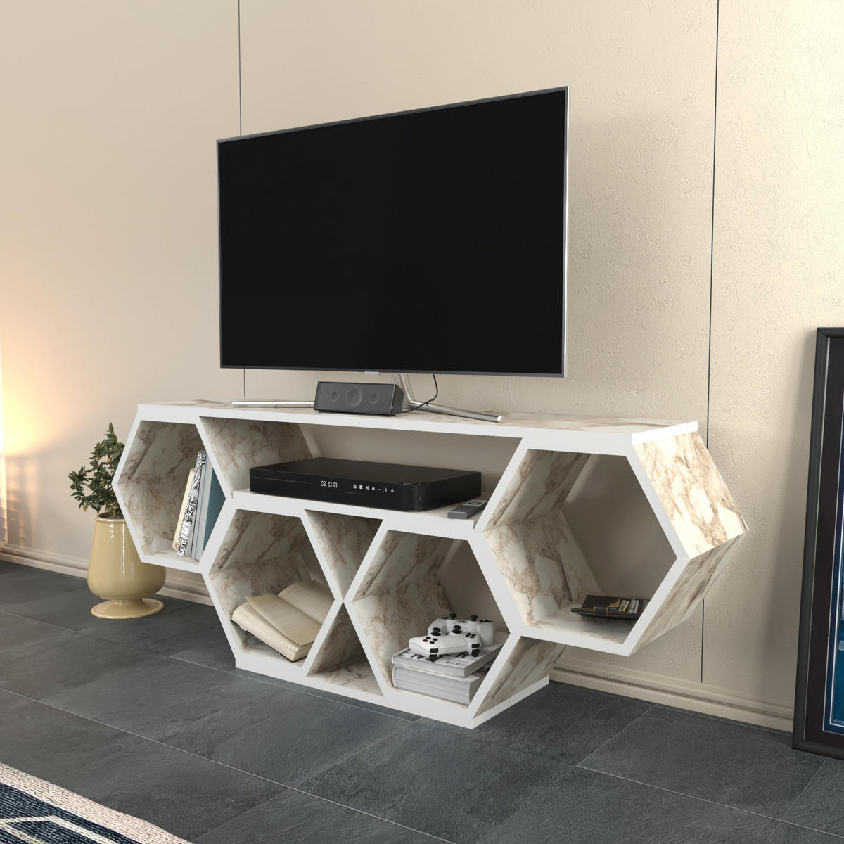 TV-ELEMENT Honig Weiß - Weiß, Holzwerkstoff (140/55.5/29.6cm) - Decorotika