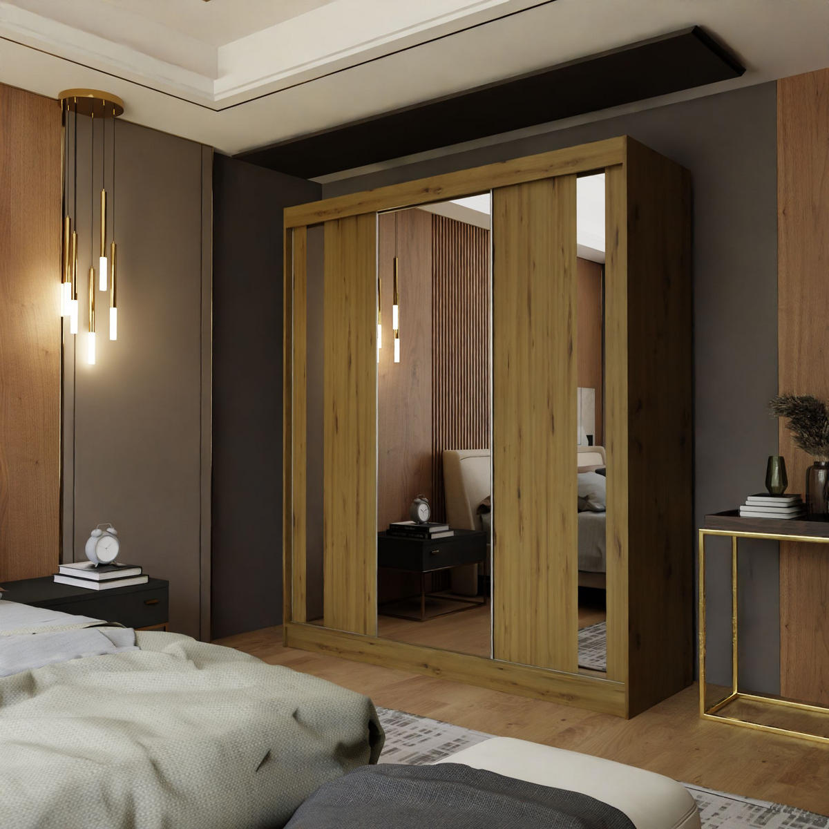 SCHWEBETÜRENSCHRANK GRAZIA 180/216/61 cm 3-türig mit Spiegel Eiche Artisan - Eiche Artisan, Holzwerkstoff (180/216/61cm) - MASSENO