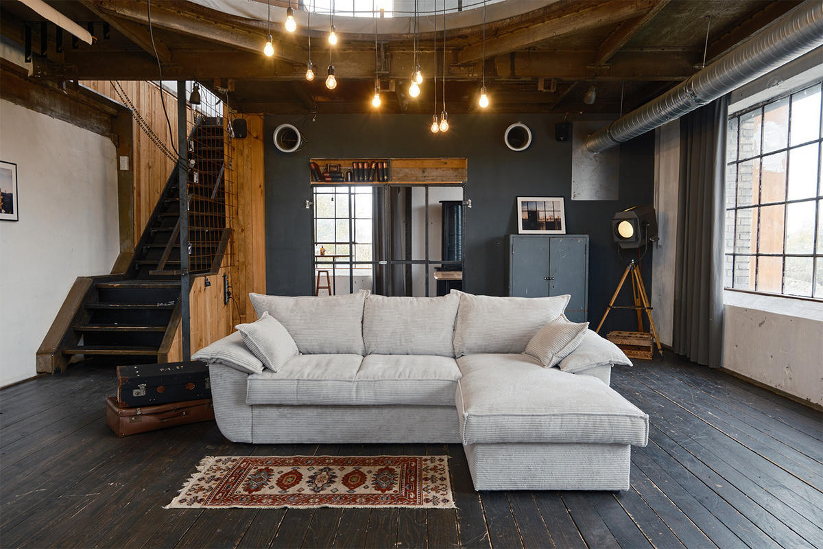 ECKSOFA DAMETO Weiß Cord - Schwarz/Weiß, Kunststoff/Textil (266/174cm) - KAWOLA