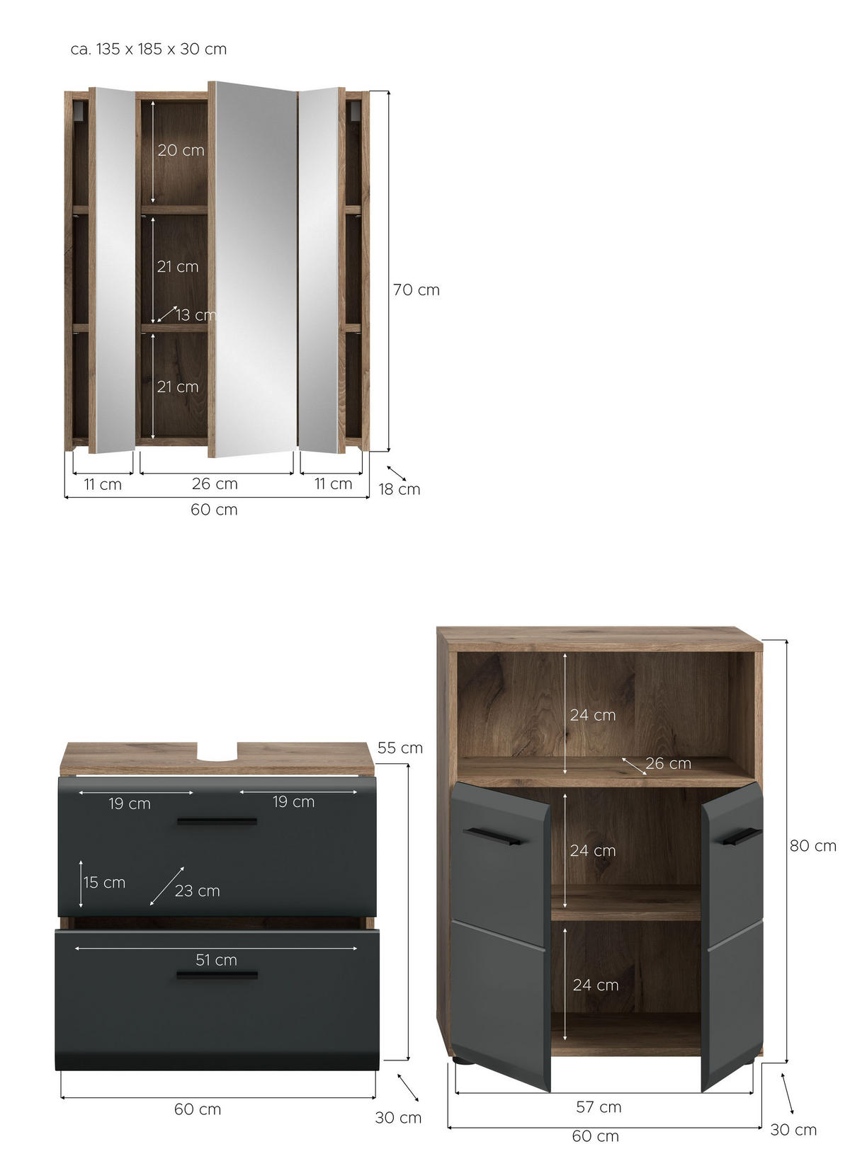 BADEZIMMER Alba 3-tlg. (B/H/T: ca. 135/185/30 cm) in Nox Oak /schwarz matt - Eichefarben, Holz (135/185/30cm)