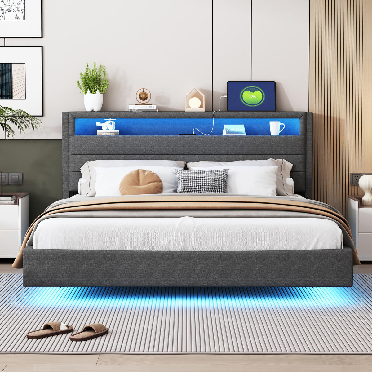 ČALÚNENÁ posteľ z ľanovej tkaniny 160x200 cm sivá s USB portom, LED osvetlením a úložným čelom - sivá, textil (160/200cm) - Modfu