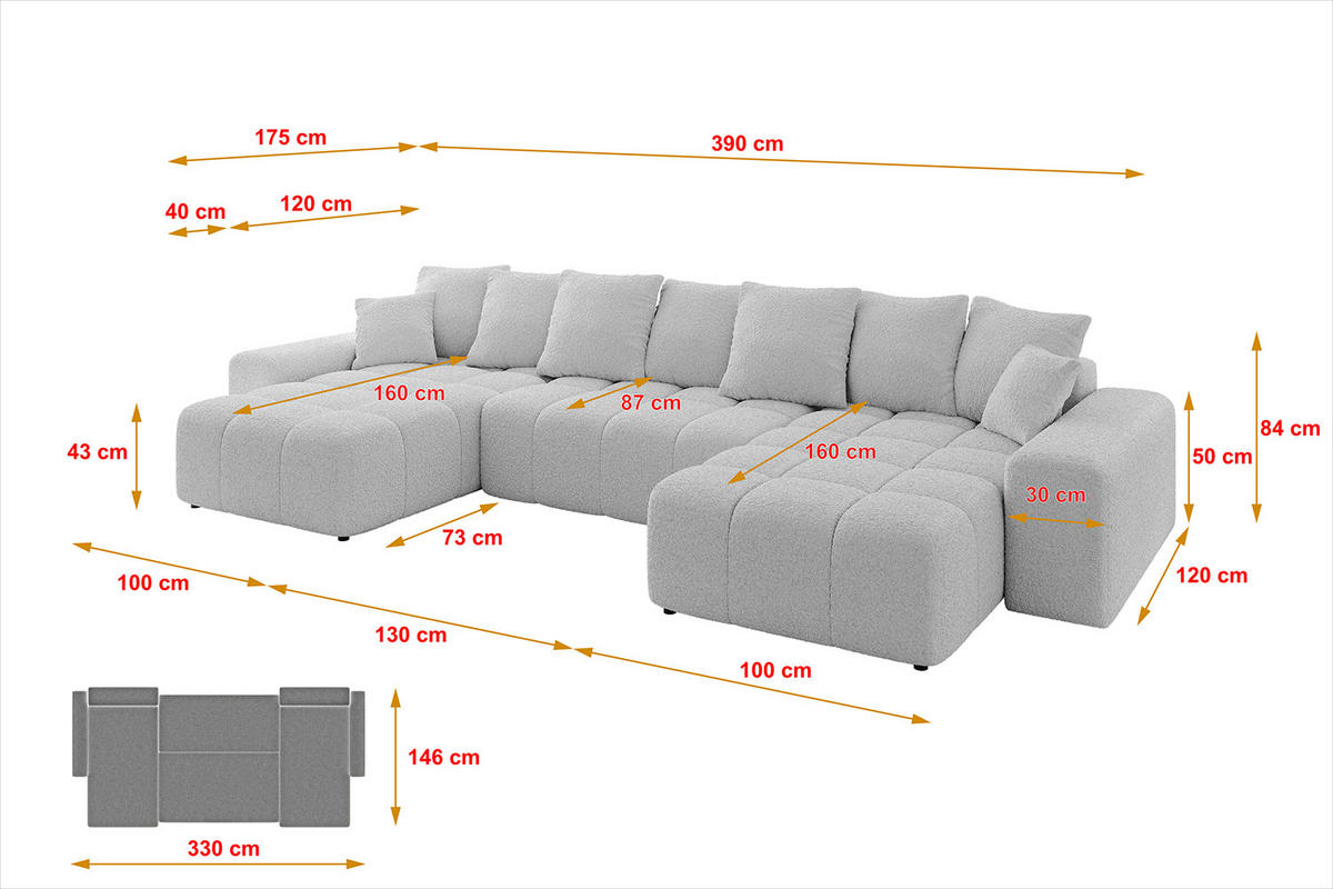 WOHNLANDSCHAFT ENIL-U 390x175x84 Hellgrau Bouclé - Hellgrau, Holzwerkstoff/Kunststoff (390/84/175cm) - ALTDECOR