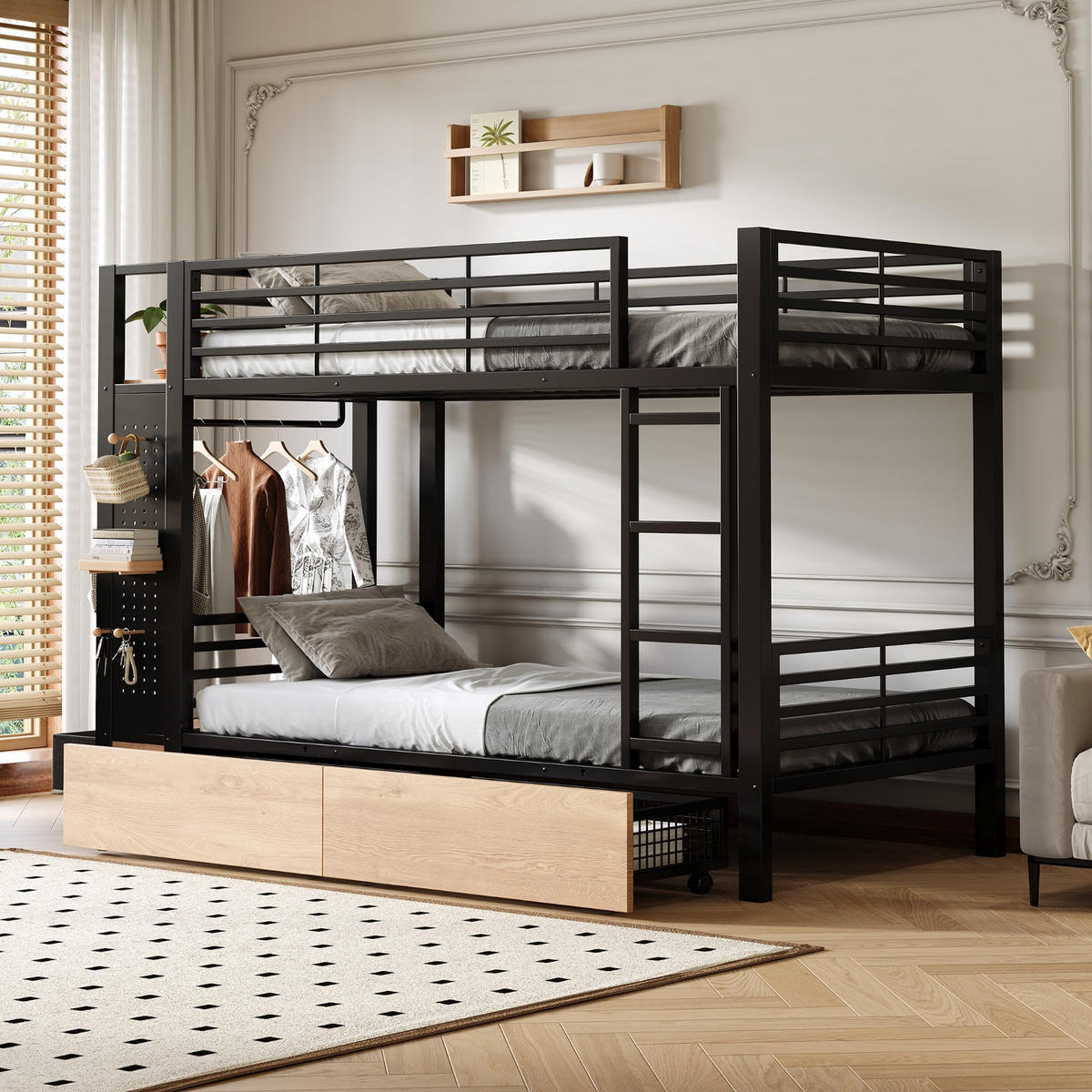ETAGENBETT 90/200 cm Schwarz mit 4 Schubladen, LED-Lichtleiste und Kleiderstange - Schwarz, Metall (90/200cm) - Oxeza