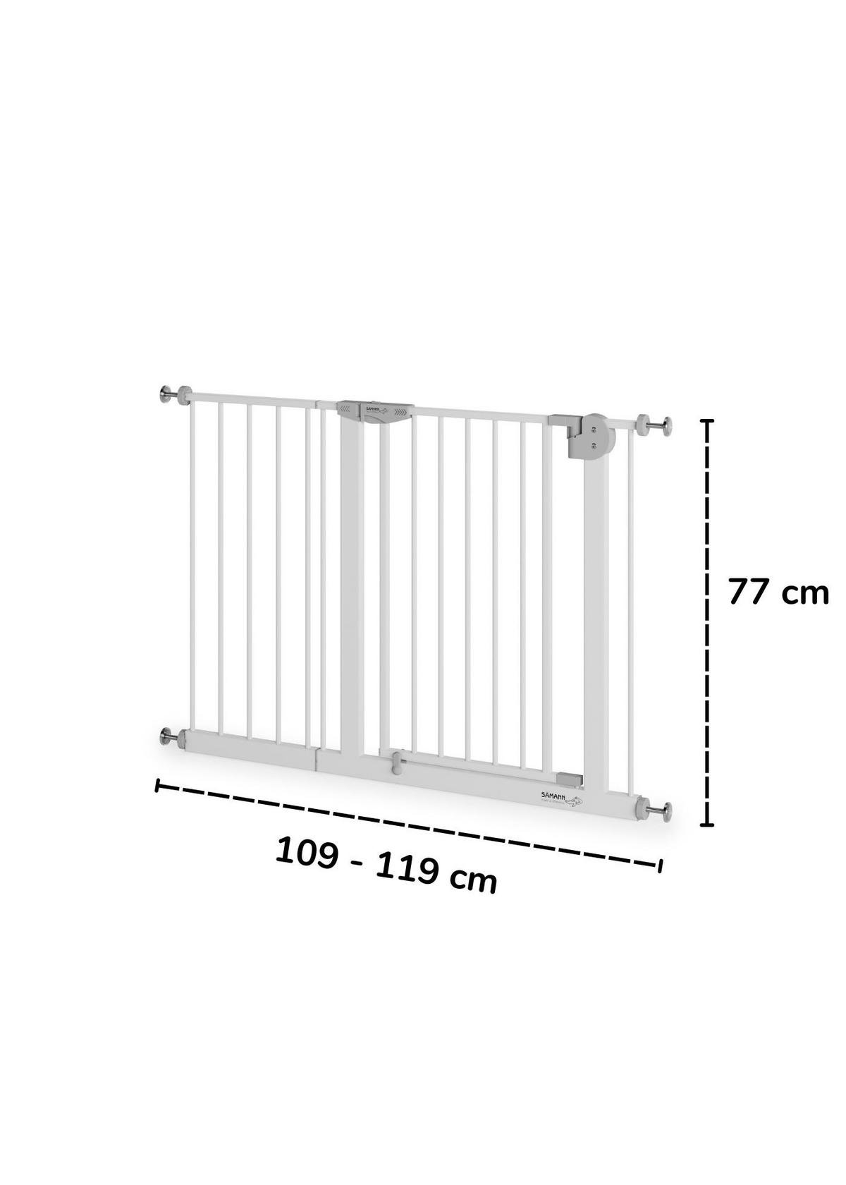 TÜRSCHUTZGITTER & Treppenschutz mit 4x Elefantenfuß, Tür mit 90° Stop, ohne Bohren 109-119 cm - Weiß, Metall (119/5cm) - Sämann – make a difference.