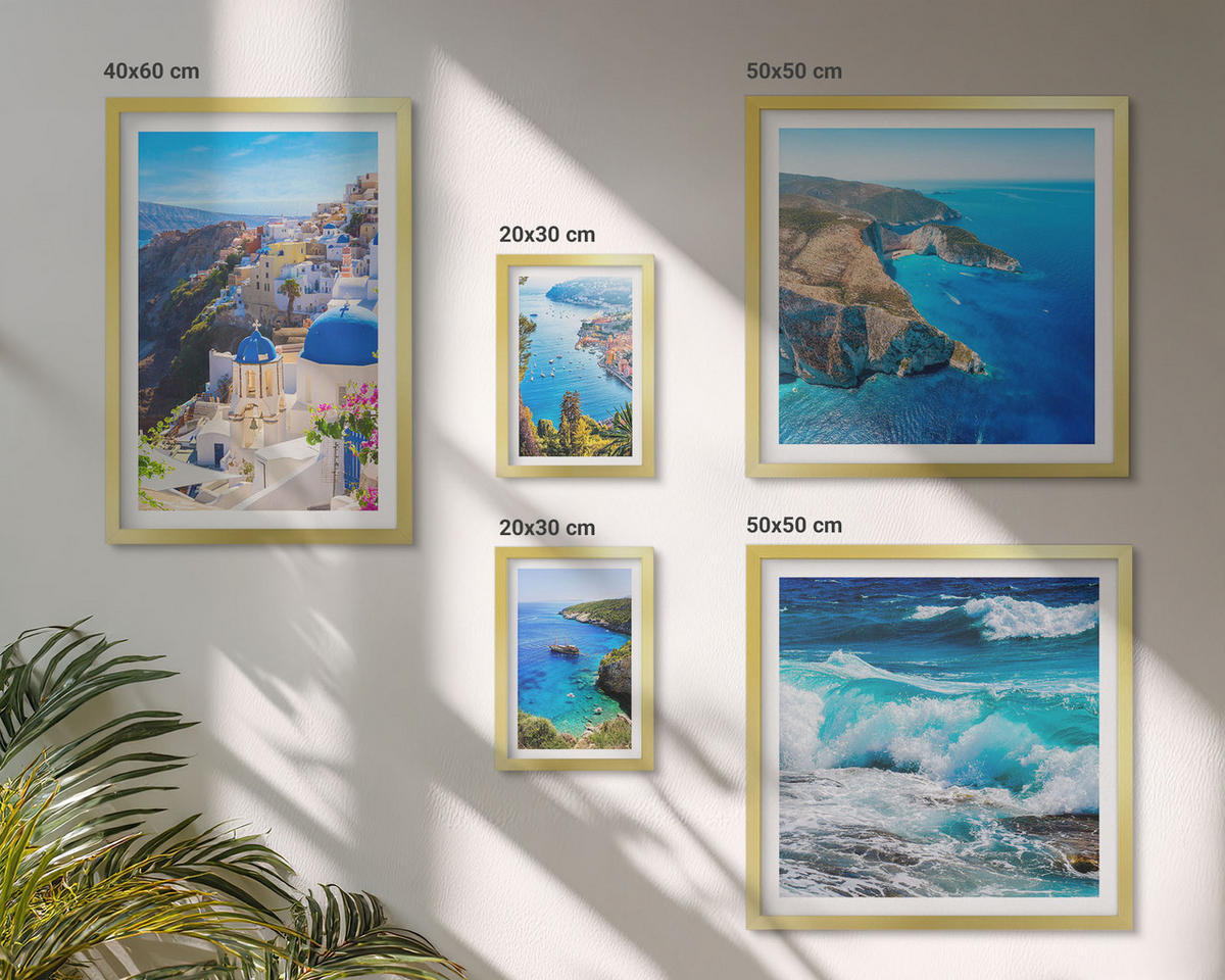 WANDBILDER 5er Set - 50x50 cm & 20x30 cm & 40x60 cm Goldrahmen - Griechische Ansichten von Santorin Oia - Goldfarben, Kunststoff (40/60cm) - ArtPrintCave