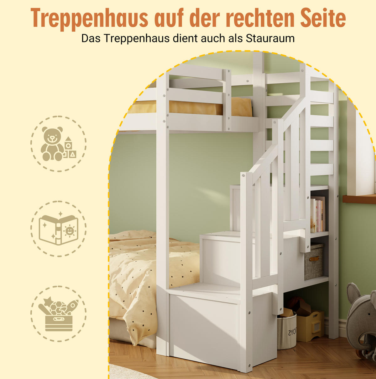 ETAGENBETT 90/200 cm Weiß aus Kiefer Massivholz mit Stauraumtreppe und Fenster - Weiß, Holzwerkstoff (90/200cm) - OKWISH