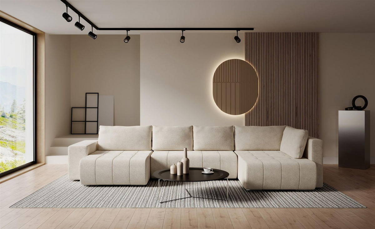 WOHNLANDSCHAFT Armanda - Creme, Holzwerkstoff/Textil (185/83/392cm) - Fun Möbel