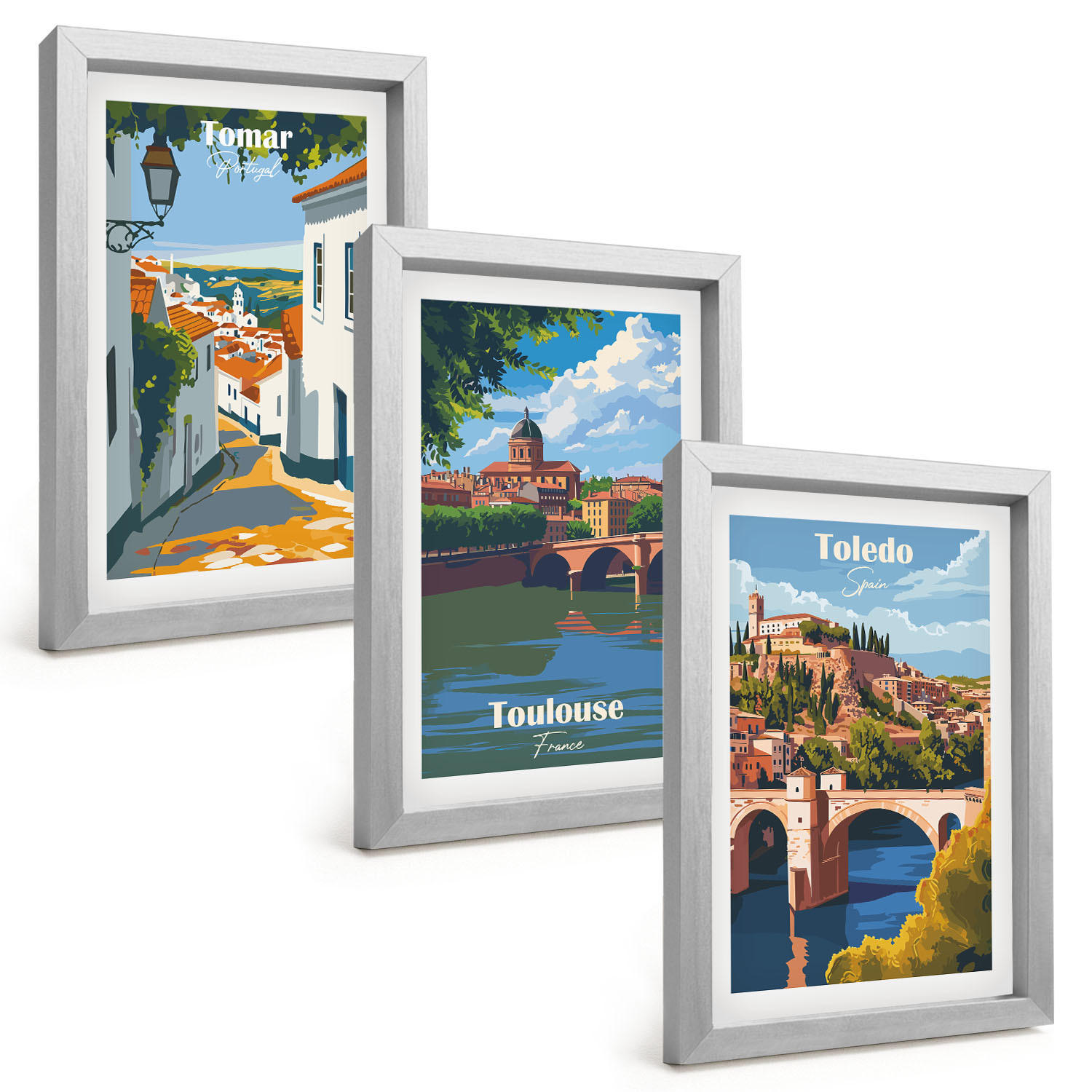 BILDER SET 3er Set - 20x30 cm Silberner Rahmen - Retro-Stadtgrafiken - Silberfarben, Kunststoff (20/30cm) - TULUP