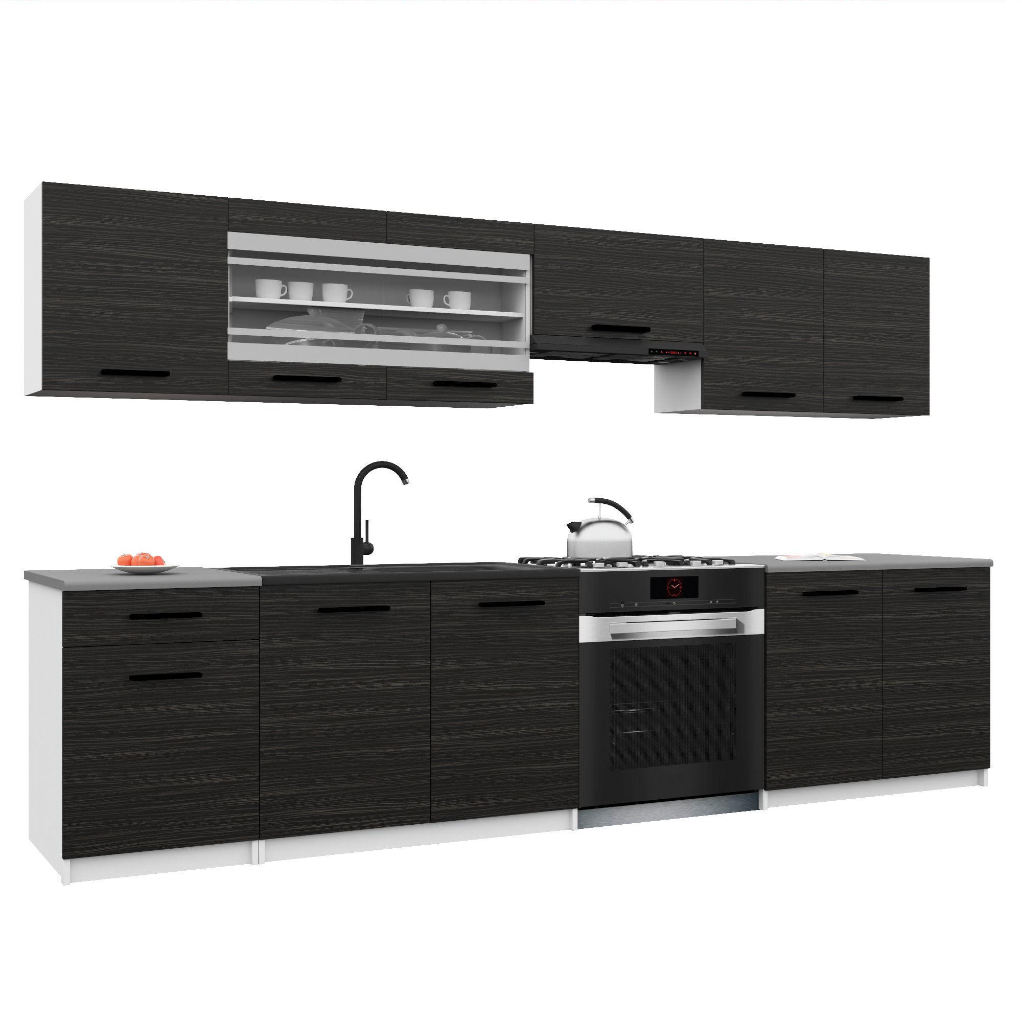 KÜCHENZEILE Italia 4 260 cm, mit Arbeitsplatten, Ebenholz - Schwarz, Holz (260/143/60cm) - B BELINI GROUP