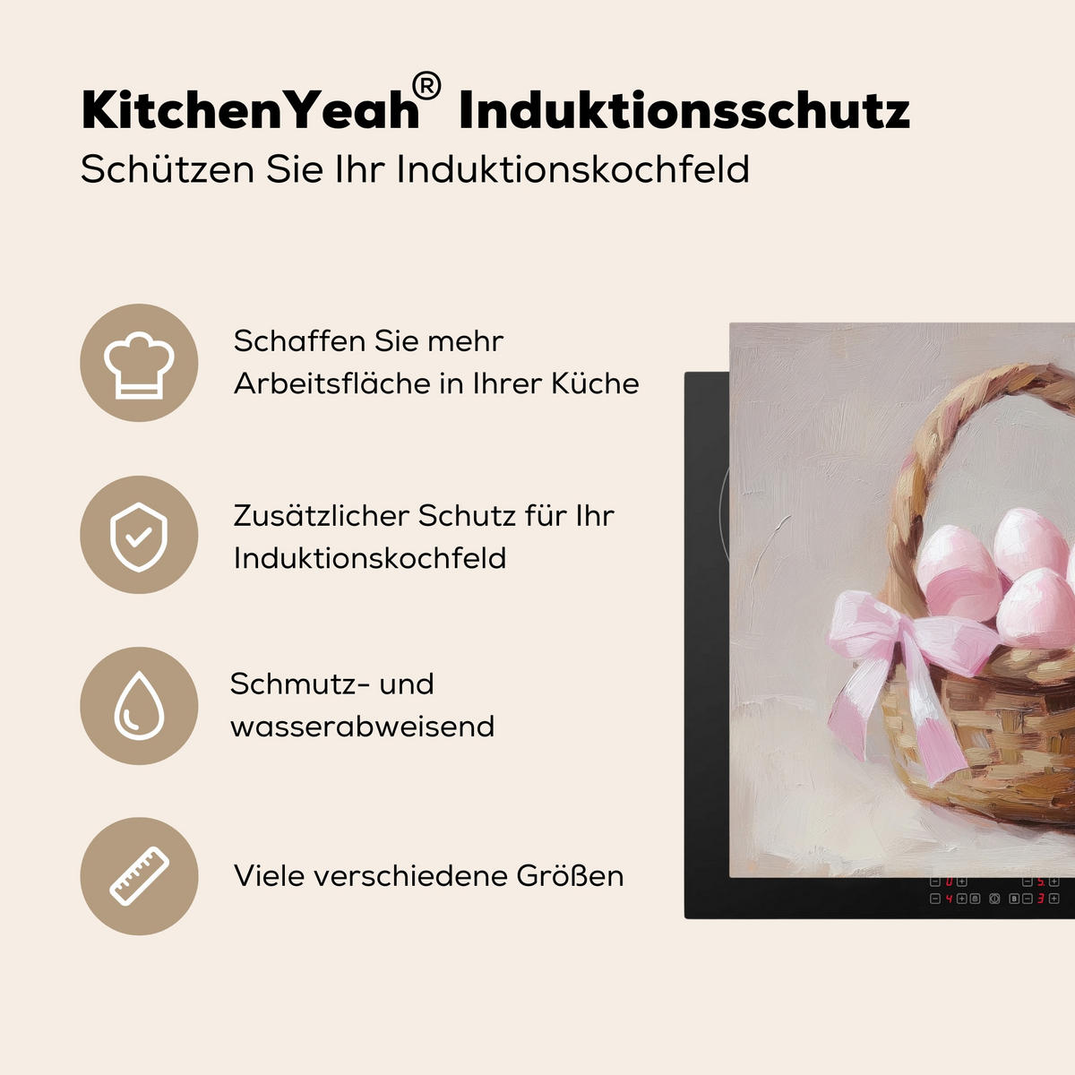 HERDABDECKPLATTE Korb - Eier - Rosa Induktionsmatte 78x78 cm - Beige, Kunststoff (78/78/0.2cm) - MuchoWow