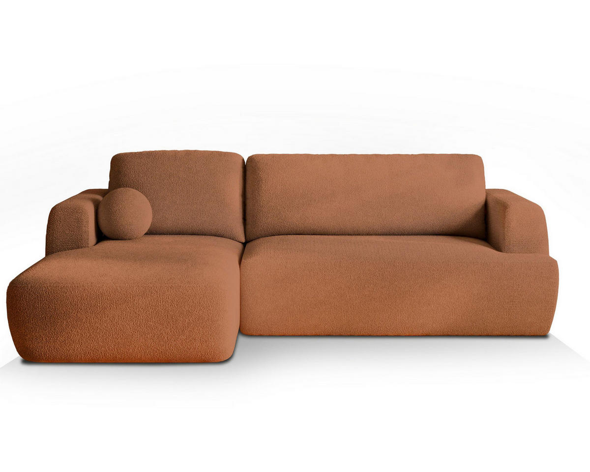 ECKSOFA SENTI N L-S Orange Boucle-Stoff mit Schlaffunktion - Orange, Holz (246/148cm) - MASSENO