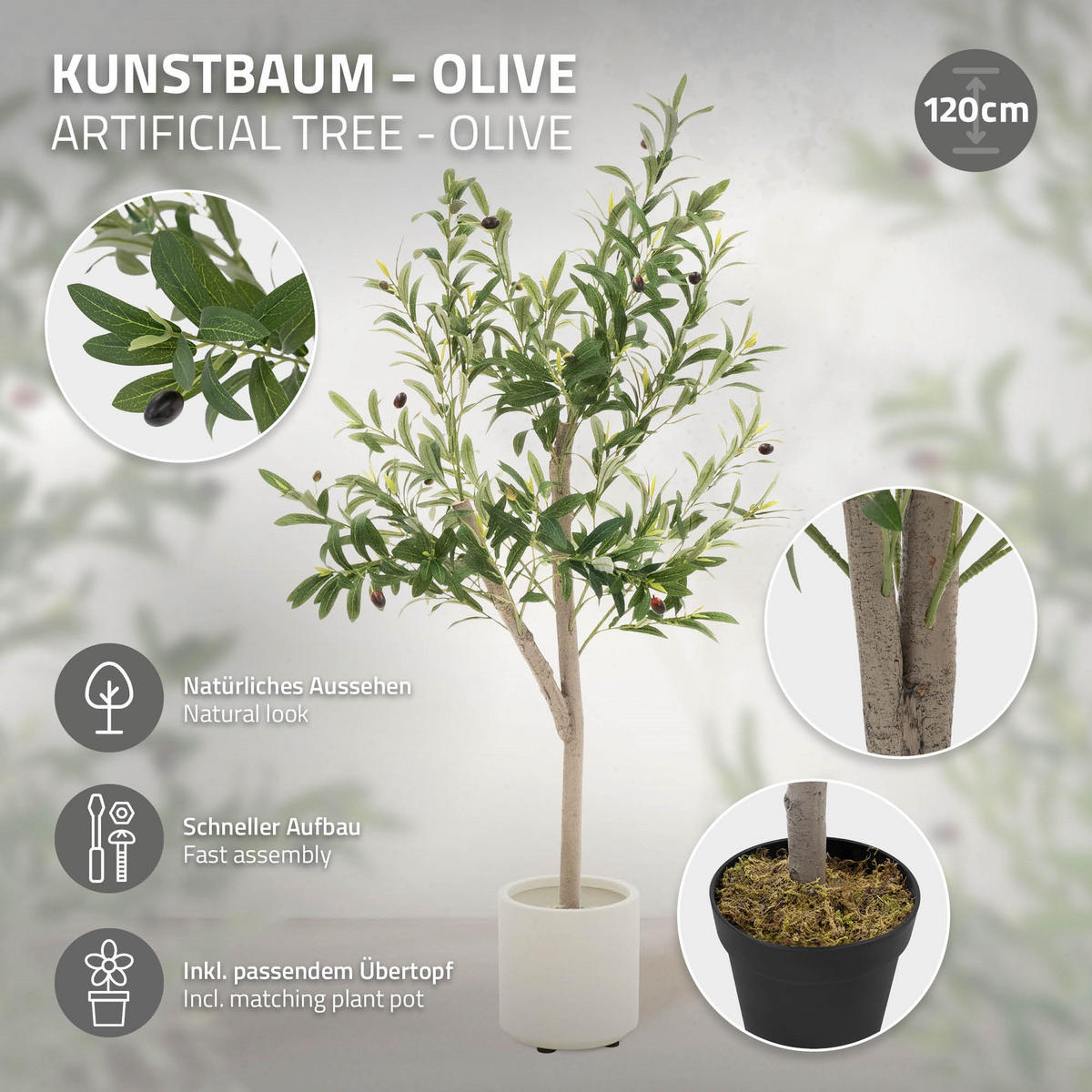 KUNSTPFLANZE Olive - Anthrazit/Grün, Holz/Kunststoff (120cm) - ML-DESIGN