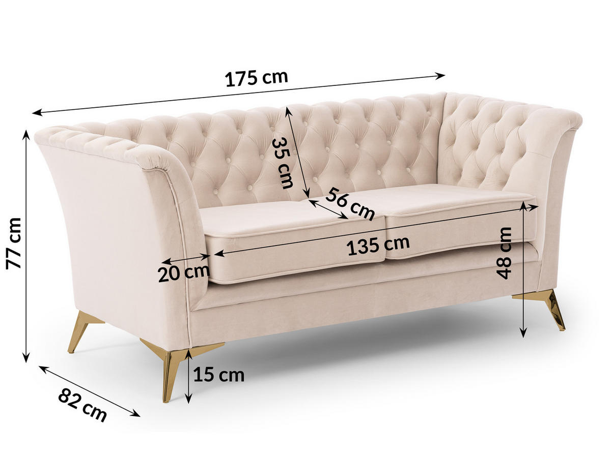 SITZGARNITUR 3+2+1 Chesterfield Whitby Beige Samt mit goldenen Füßen - Beige/Goldfarben, Holz/Textil (237/78/82cm) - S-Style Möbel