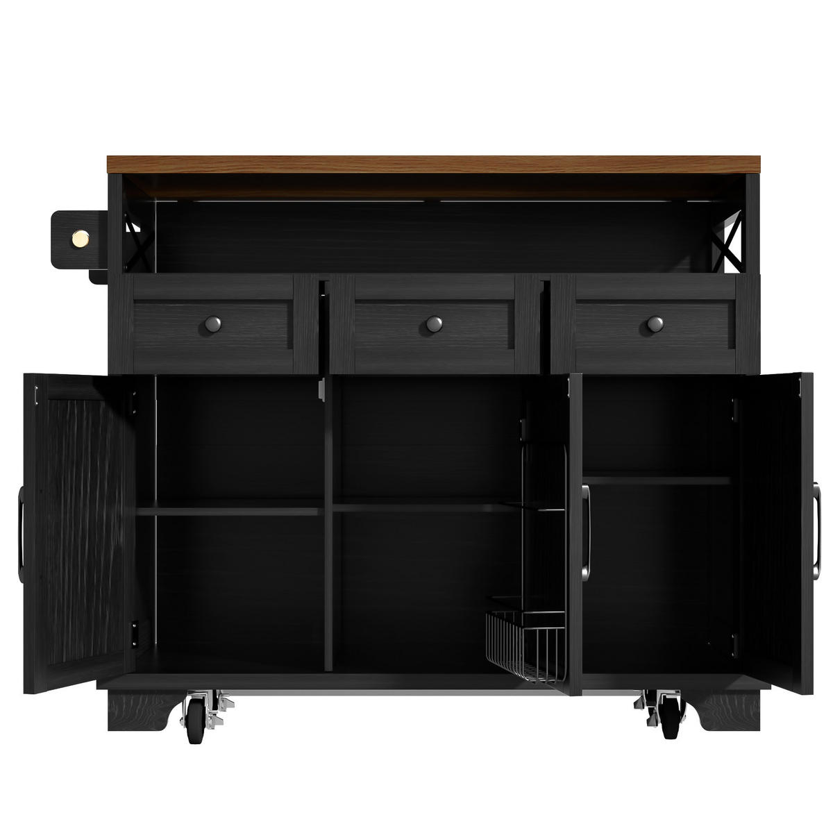 KÜCHENINSEL 118x43x98cm Schwarz mit klappbarer Platte, Schublade, Snackhalter & 5 Rollen - Schwarz, Holzwerkstoff (118/98/43cm) - Modfu