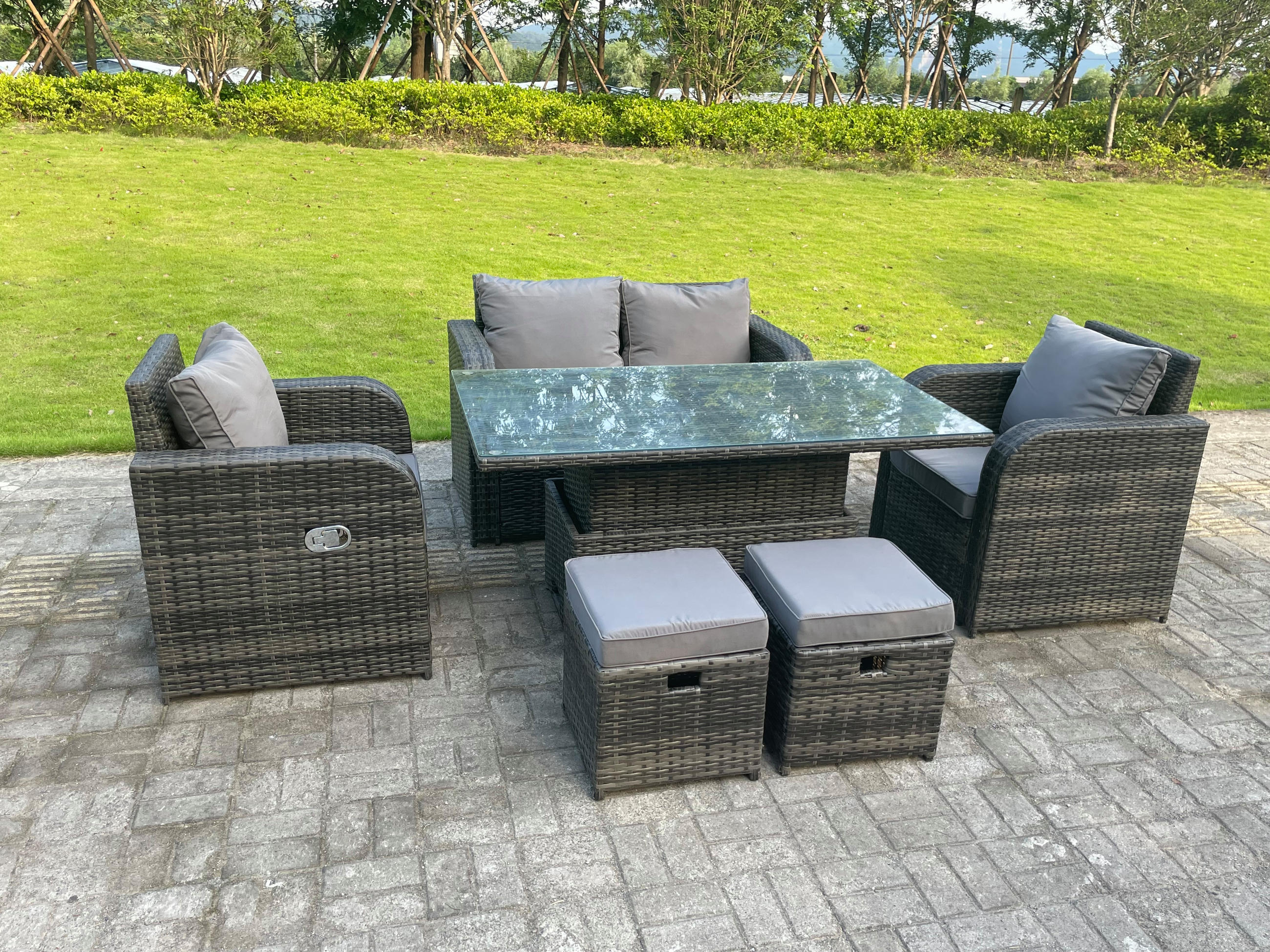 GARTENMÖBELSET Polyrattan 6-Sitzer - Dunkelgrau/Grau, Glas/Kunststoff - Fimous
