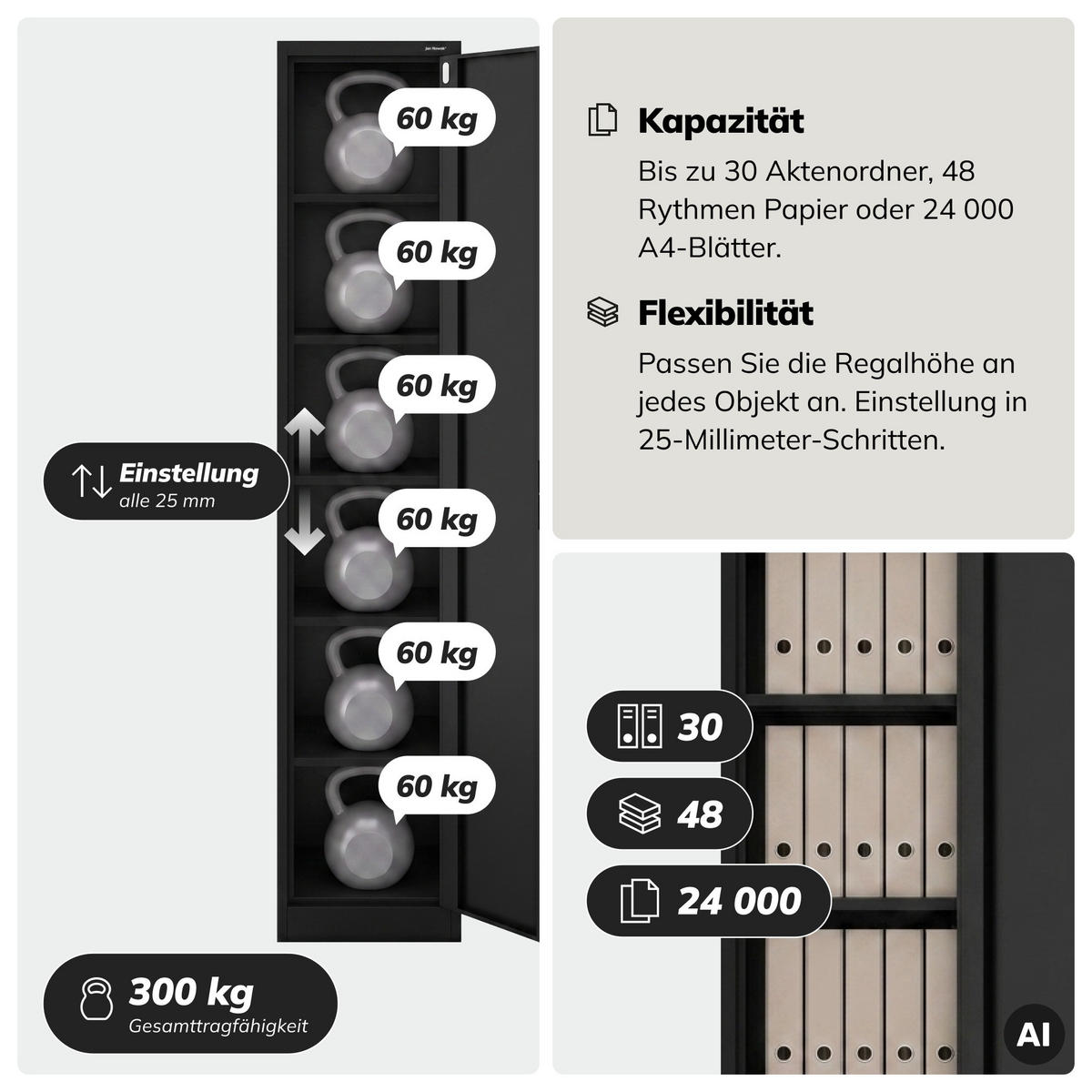 AKTENSCHRANK ALEX 220 - Schwarz, Metall (45/220/40cm) - Jan Nowak