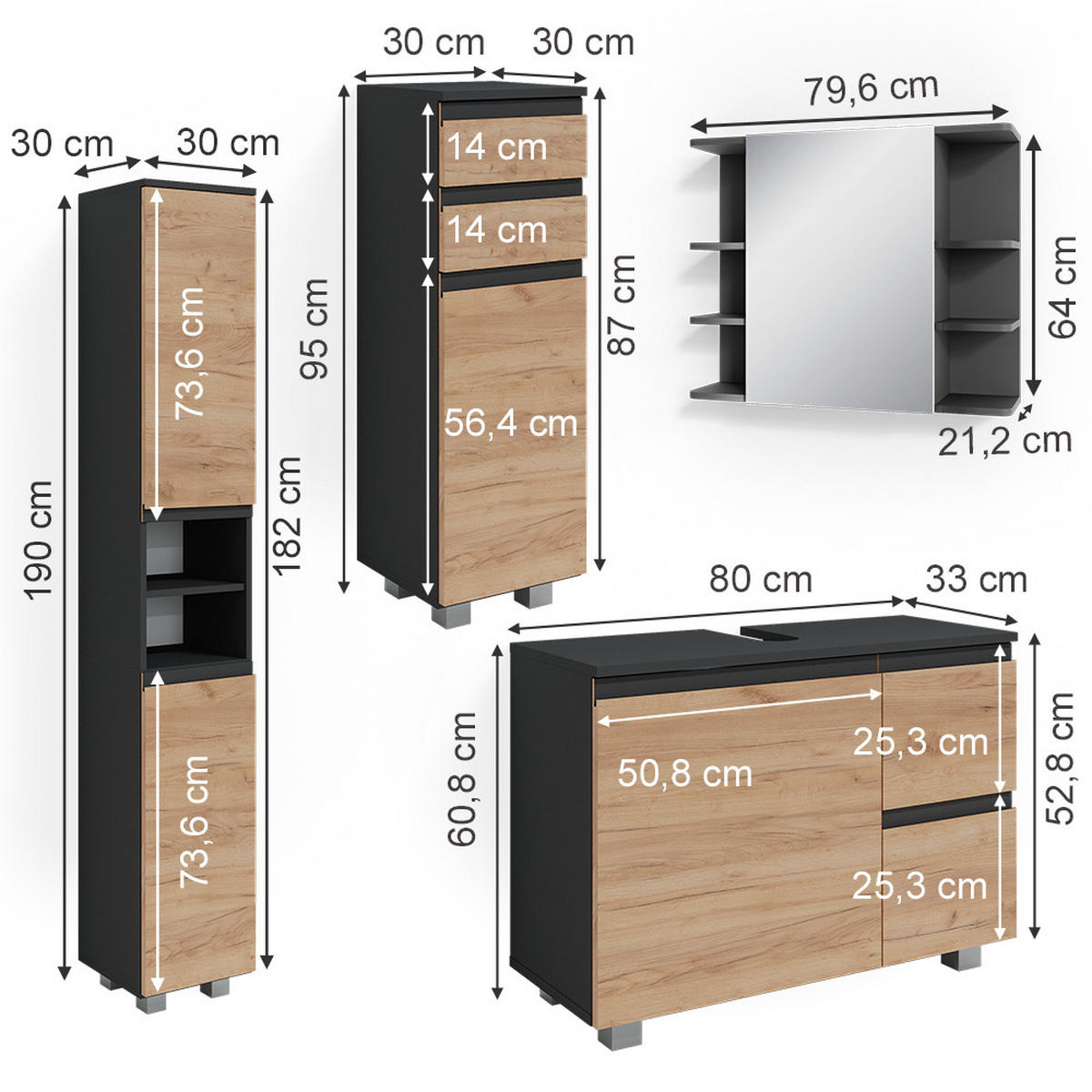 BADMÖBEL-SET J-Shape Grau 4 Teile - Eichefarben/Grau, Holzwerkstoff (80/60/33cm) - Vicco