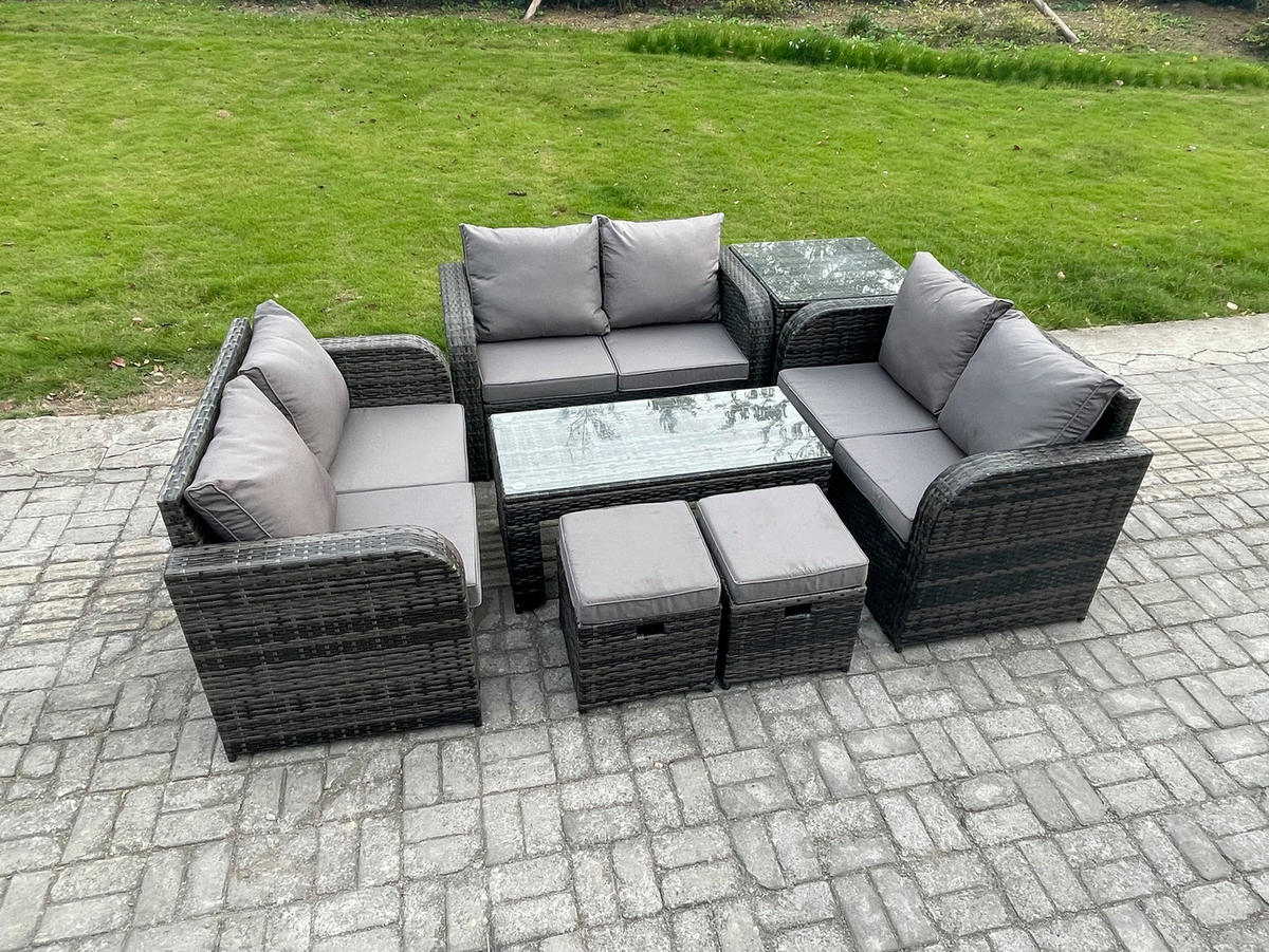 GARTENSOFA SET mit rechteckigem COUCHTISCH Polyrattan 8-Sitzer Dunkelgrau - Dunkelgrau/Grau, Glas/Kunststoff - Fimous
