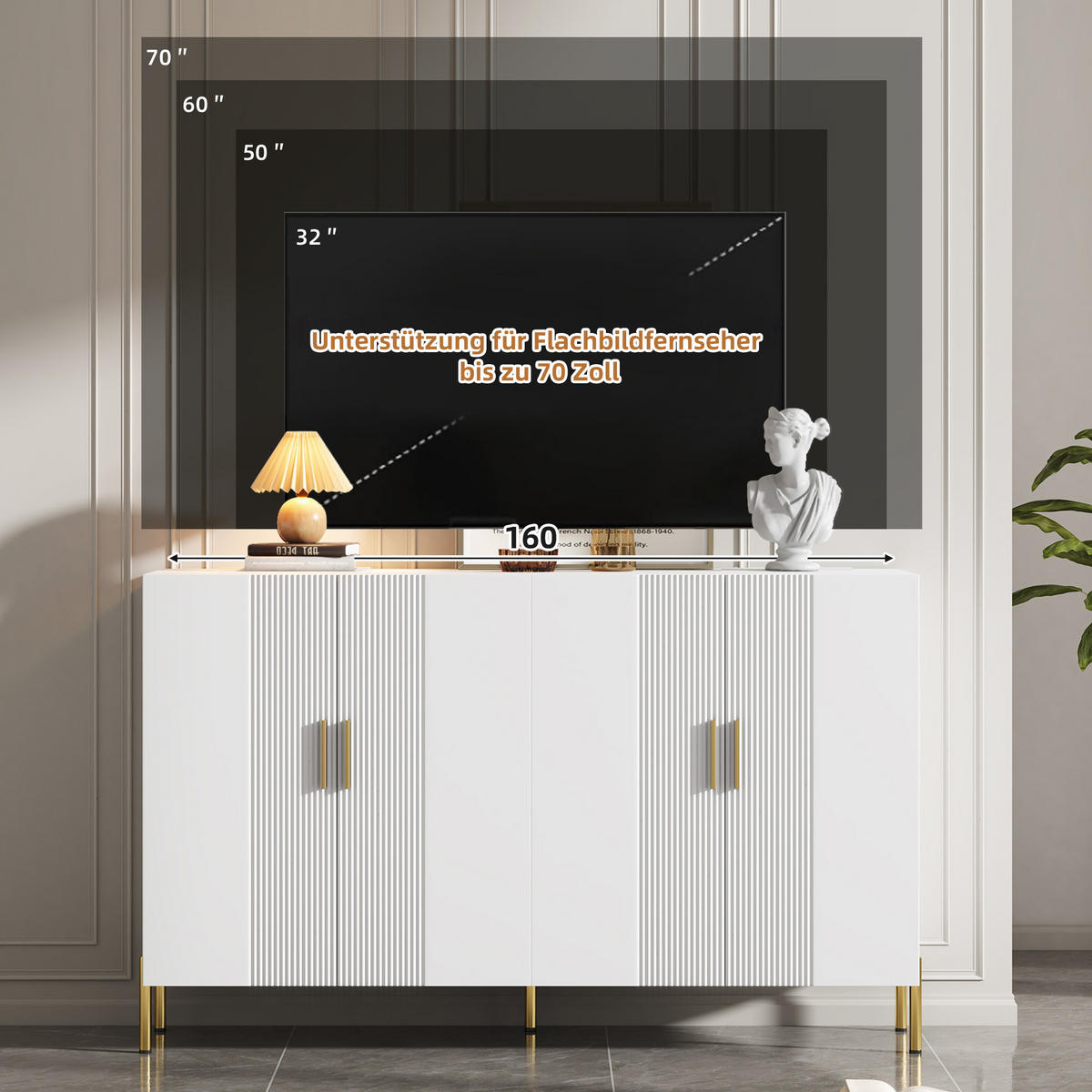 SIDEBOARD Weiß matt 4 Türen 160x35x100cm Stauraum Golddekor - Weiß, Holzwerkstoff (36.5/100/160cm) - FLIEKS