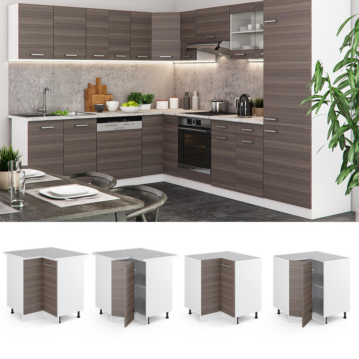 ECKUNTERSCHRANK R-Line Grau 75.6 cm, AP Eiche - Weiß/Braun, Holzwerkstoff (75.6/81.6/60cm) - Vicco
