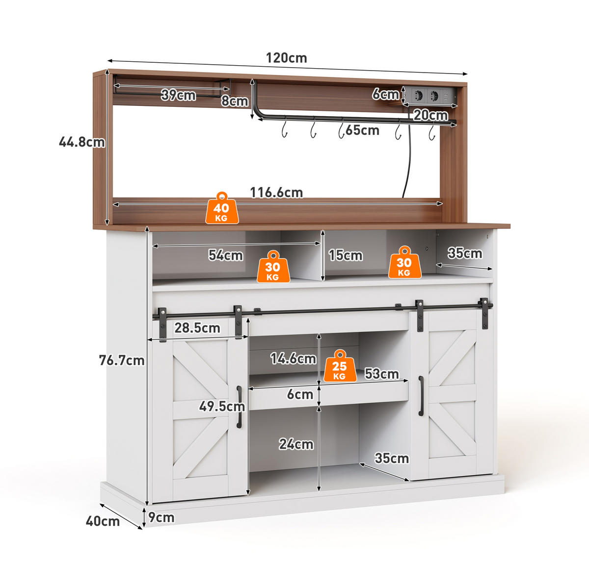 BUFFET Sideboard 120x40x130cm Weiß mit Steckdosen & Schiebetüren - Weiß, Holzwerkstoff (120/130/40cm) - Modfu
