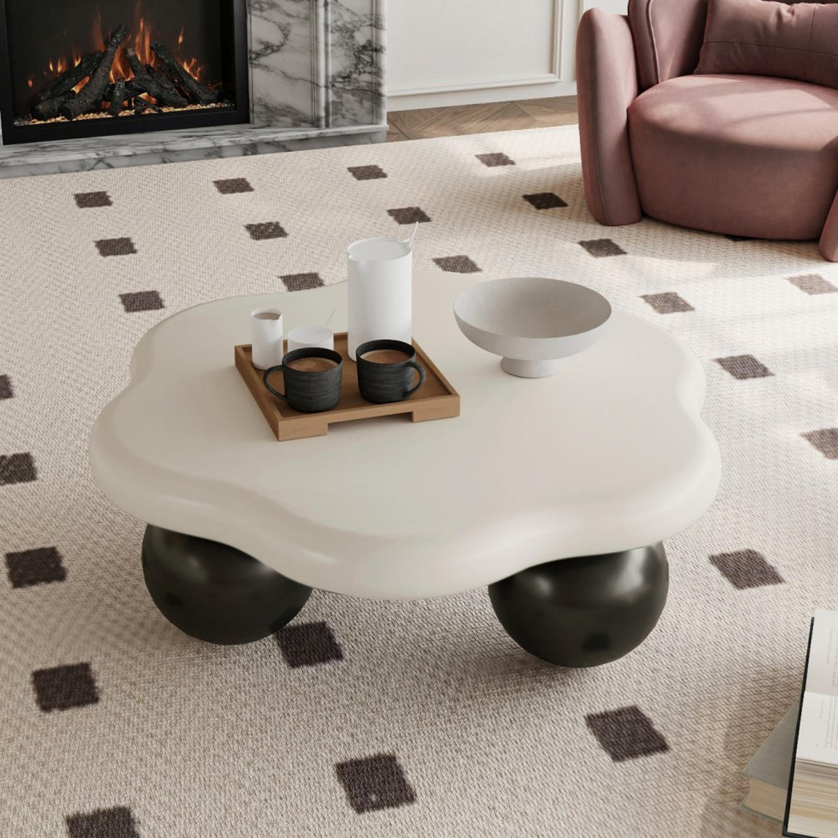 COUCHTISCH wolkenförmig 80 cm mit Kugelfüßen, Kontrast-Design Weiß & Schwarz, Beistelltisch für kleine Wohnungen - Schwarz/Weiß, Holzwerkstoff (79/79/31cm)