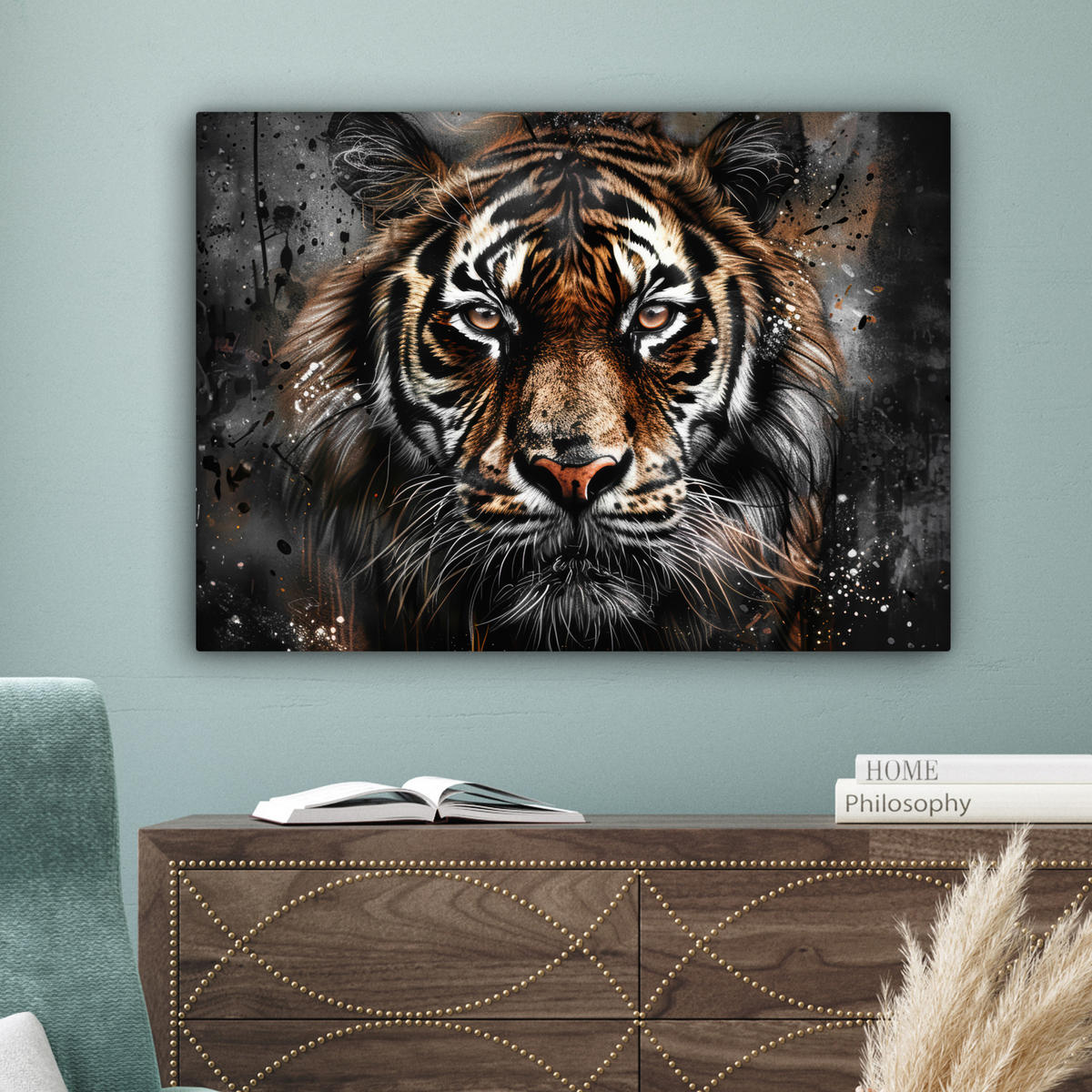 OBRAZ NA PLÁTNĚ Tygr - Zvířata - Portrét - Luxusní - Černá 80x60 cm - antracitová, textil (80/60cm) - MuchoWow