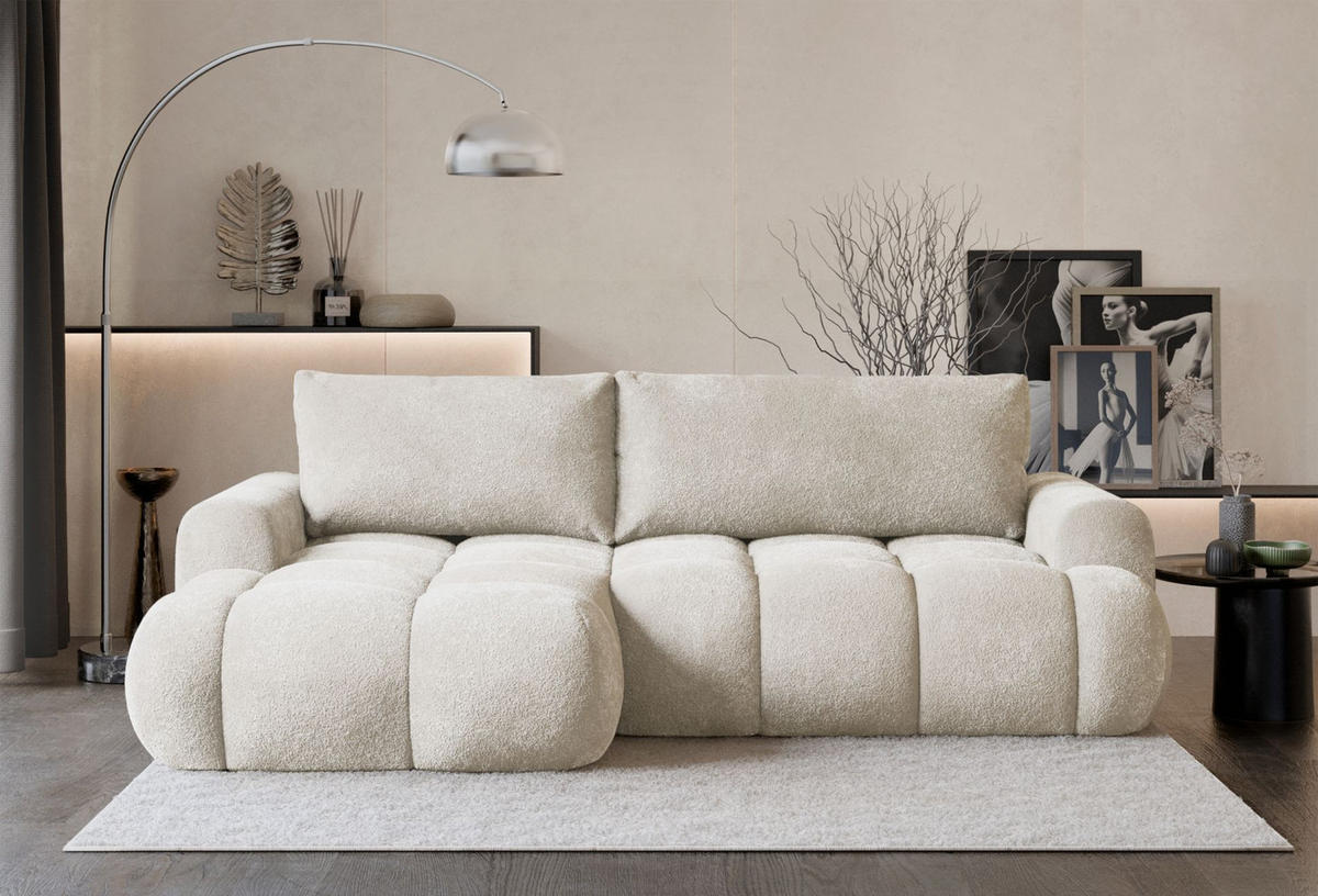 ECKSOFA Ombo Mini, Creme Bouclé, linksseitig - Creme/Schwarz, Kunststoff/Textil (256/155cm) - Selsey