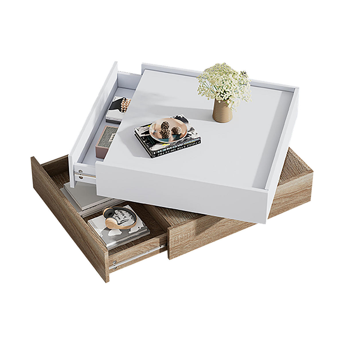 COUCHTISCH DE-078 Drehbar Weiß/Walnuss - Weiß, Holzwerkstoff (60/60/38cm) - ComfortXL