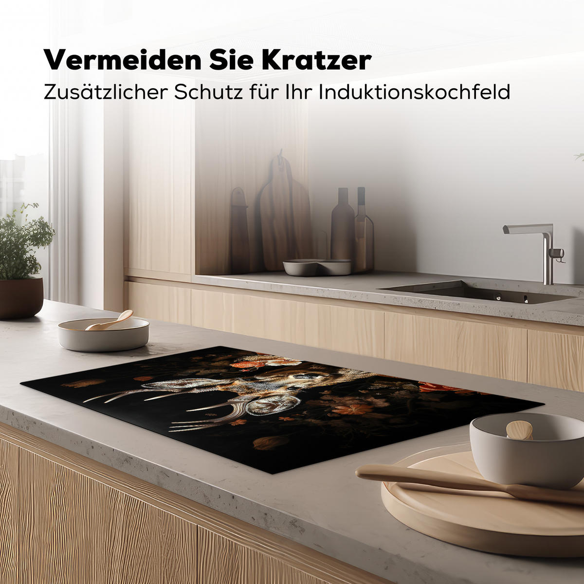 HERDABDECKPLATTE Hirsch - Tier - Blumen - Natur - Botanisch 85x52 cm - Kupferfarben, Kunststoff (85/52/0.2cm) - MuchoWow